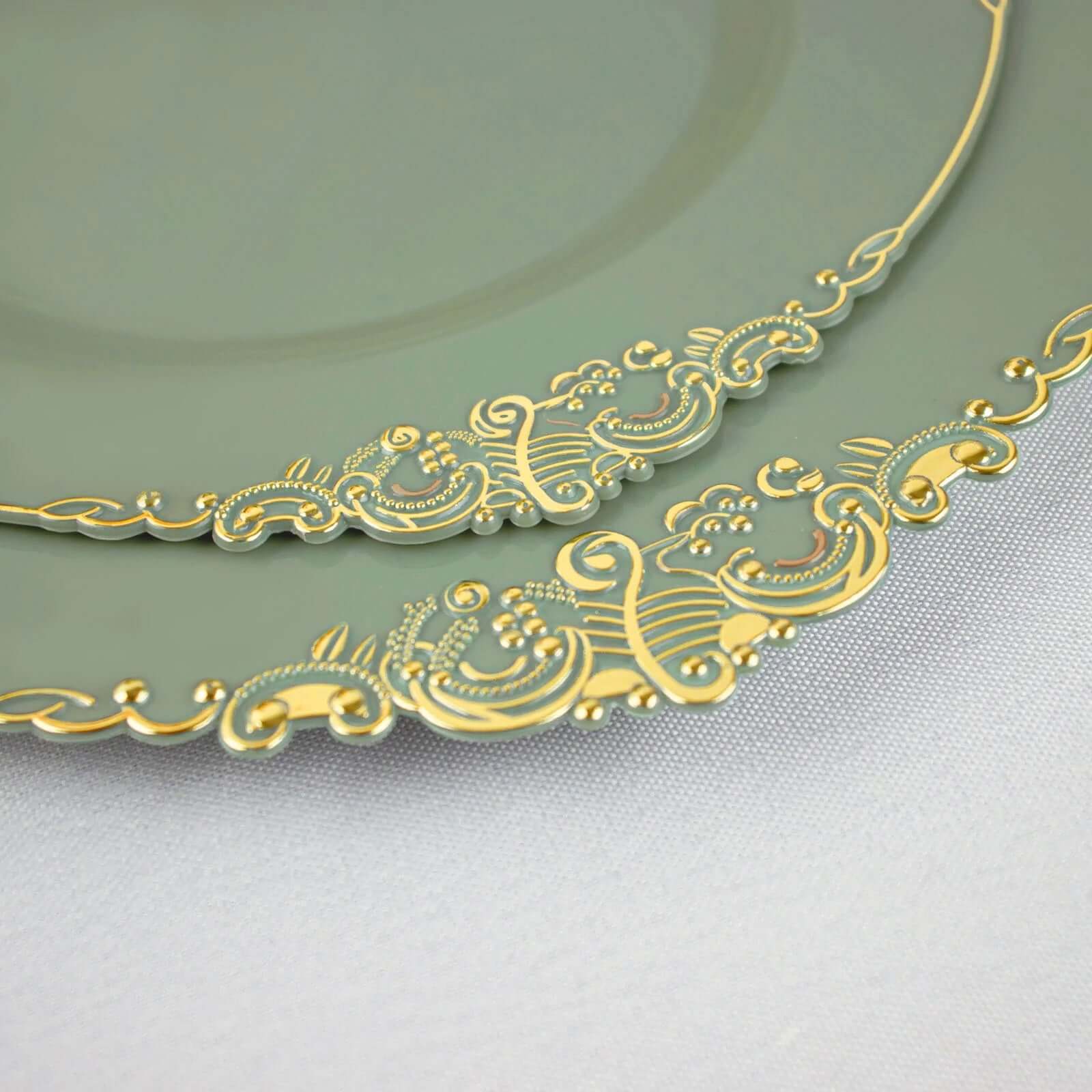 10-Pack Plastic 10 Round Dinner Plates in Dusty Sage Green with Gold Leaf Embossed Rim - Disposable Vintage Baroque Style Plates