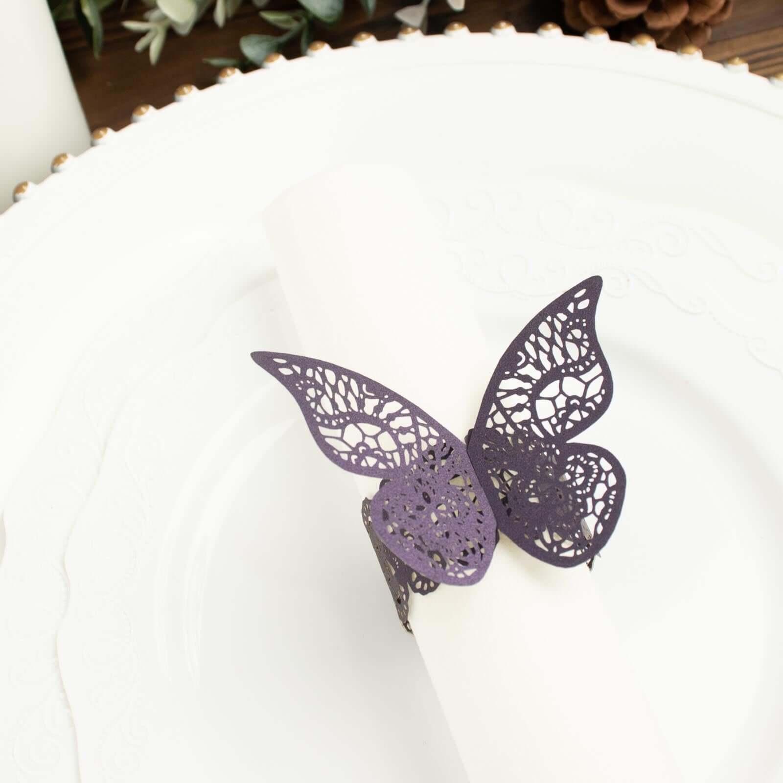 12-Pack Paper Napkin Rings Laser Cut Butterfly Purple Shimmery - Decorative Serviette Holders