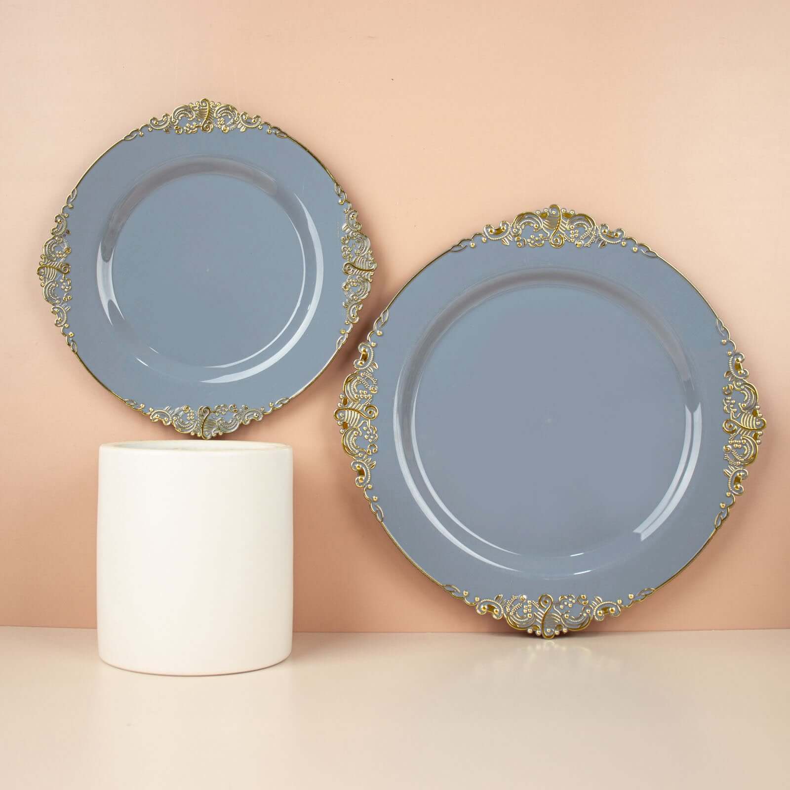 10-Pack Plastic 10 Round Dinner Plates in Dusty Blue with Gold Leaf Embossed Rim - Disposable Vintage Baroque Style Plates