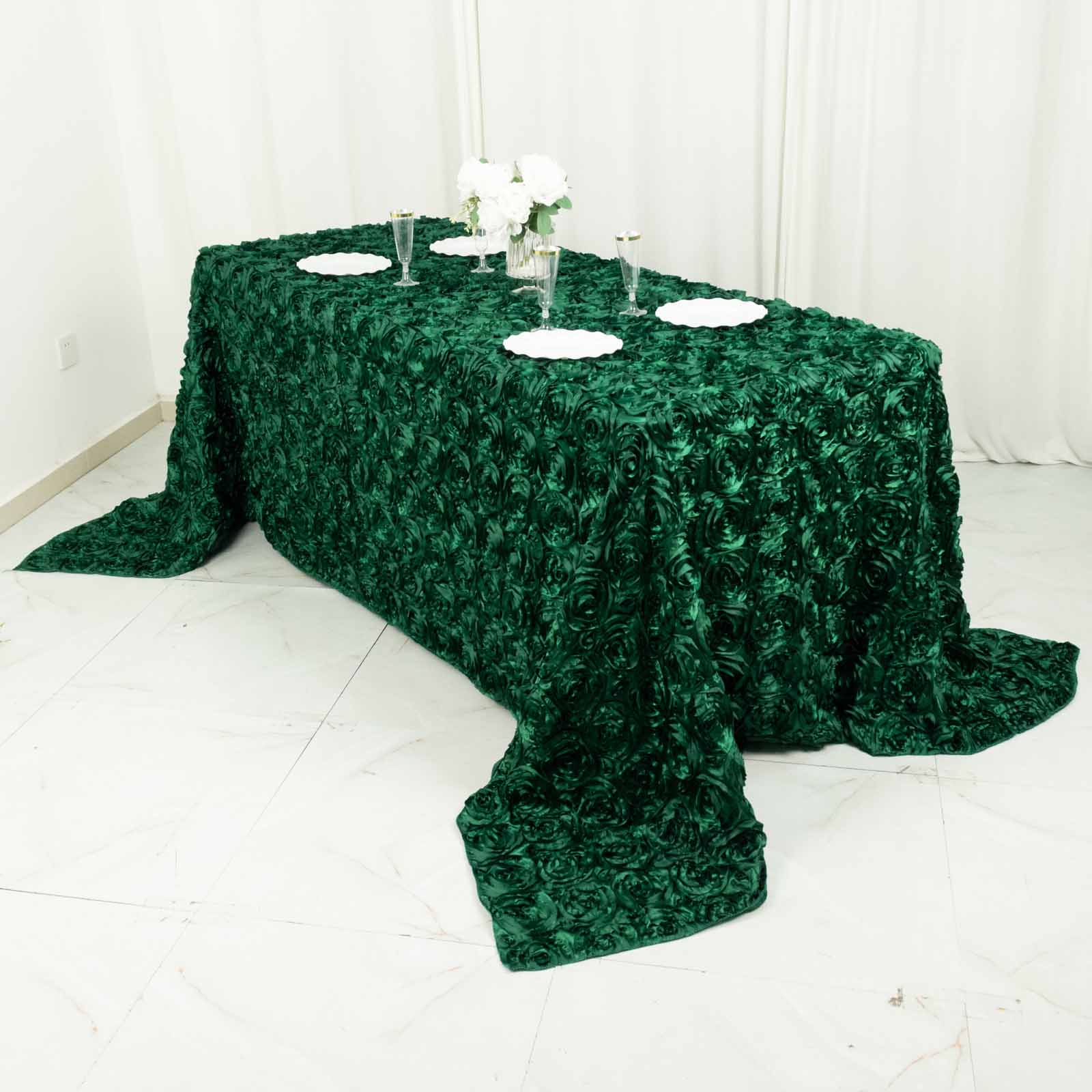 Satin 90x132 Rectangle Tablecloth Hunter Emerald Green - Grandiose 3D Rosette Seamless Table Cover