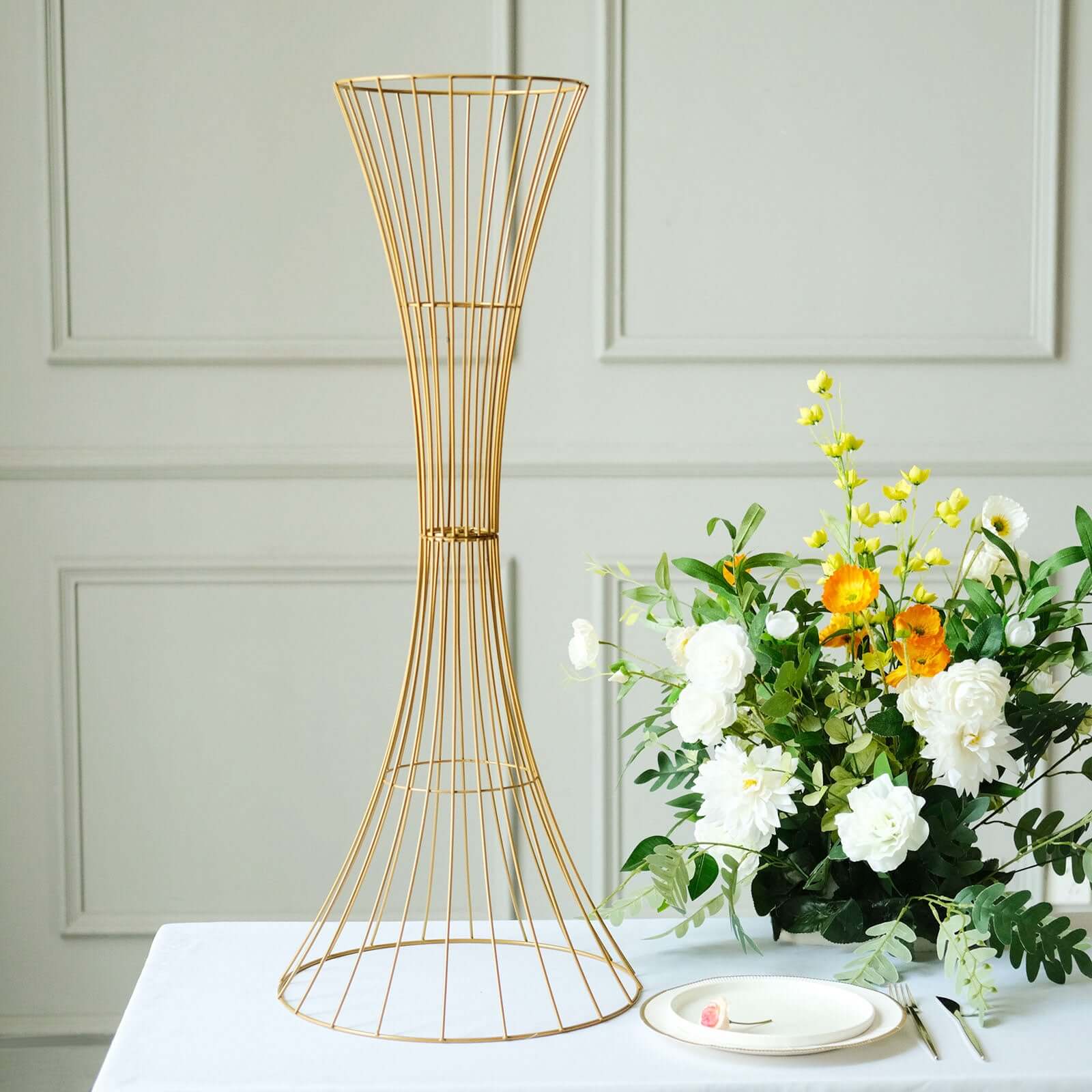 36 Tall Gold Metal Wire Hourglass Flower Frame Stand, Open Frame Reversible Trumpet Centerpiece Stand