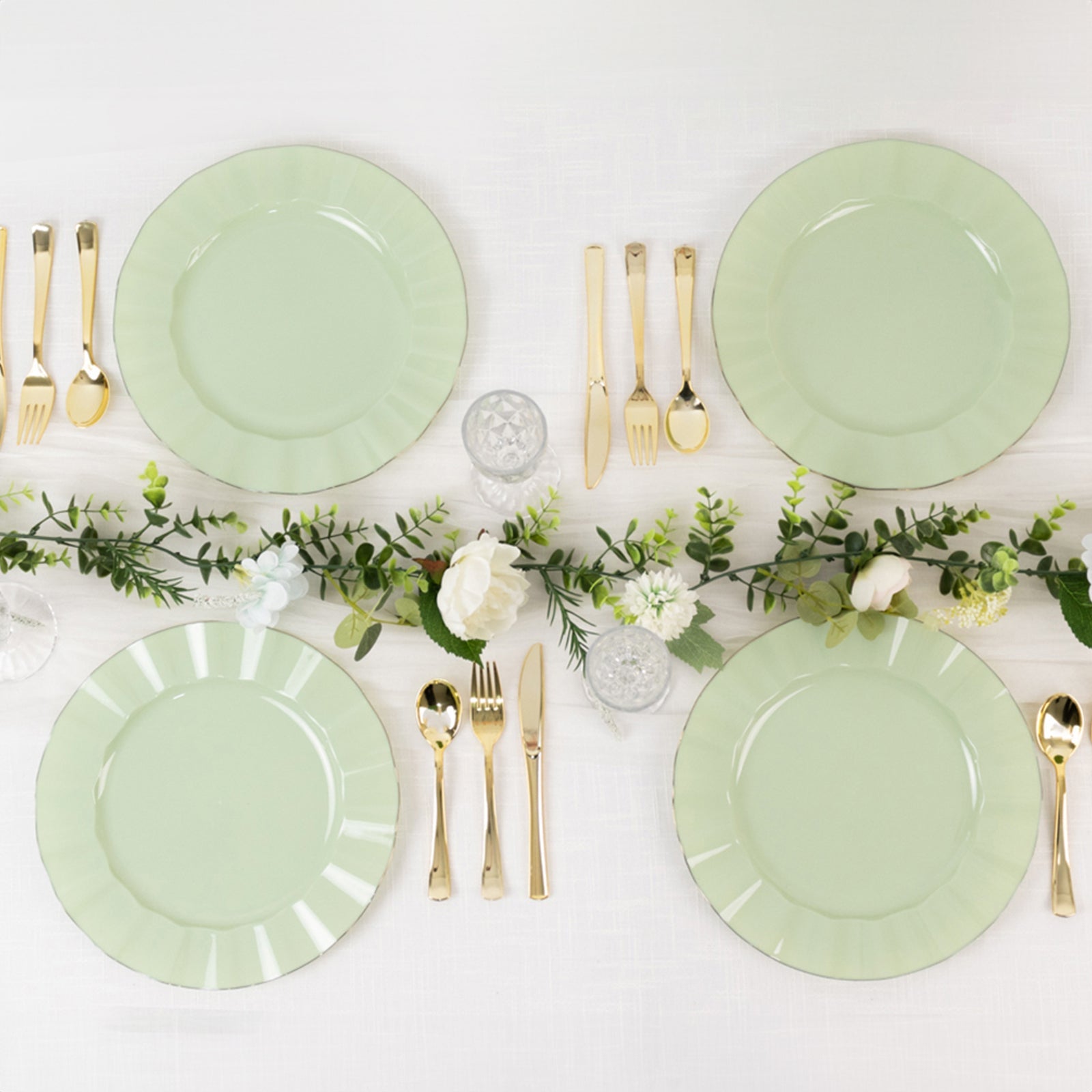 10-Pack Plastic 11 Round Dinner Plates in Sage Green Ruffled Rim with Gold Edging - Sturdy Disposable Dinnerware