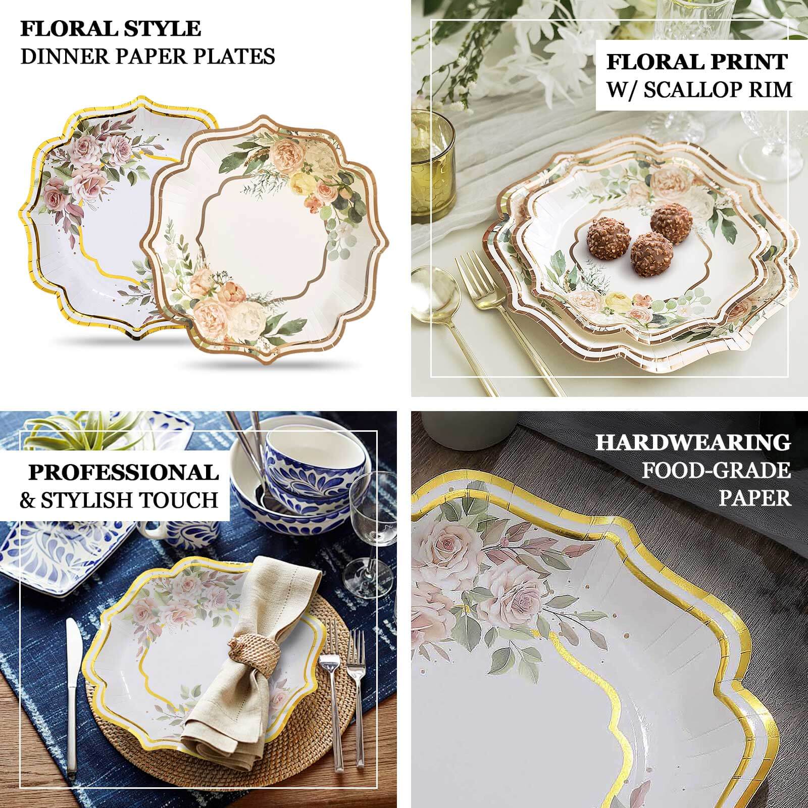 25-Pack Paper 8 Dessert Plates in White with Floral Print & Gold Scallop Rim - Disposable 300GSM Appetizer Salad Plates for Cocktail Events & Receptions