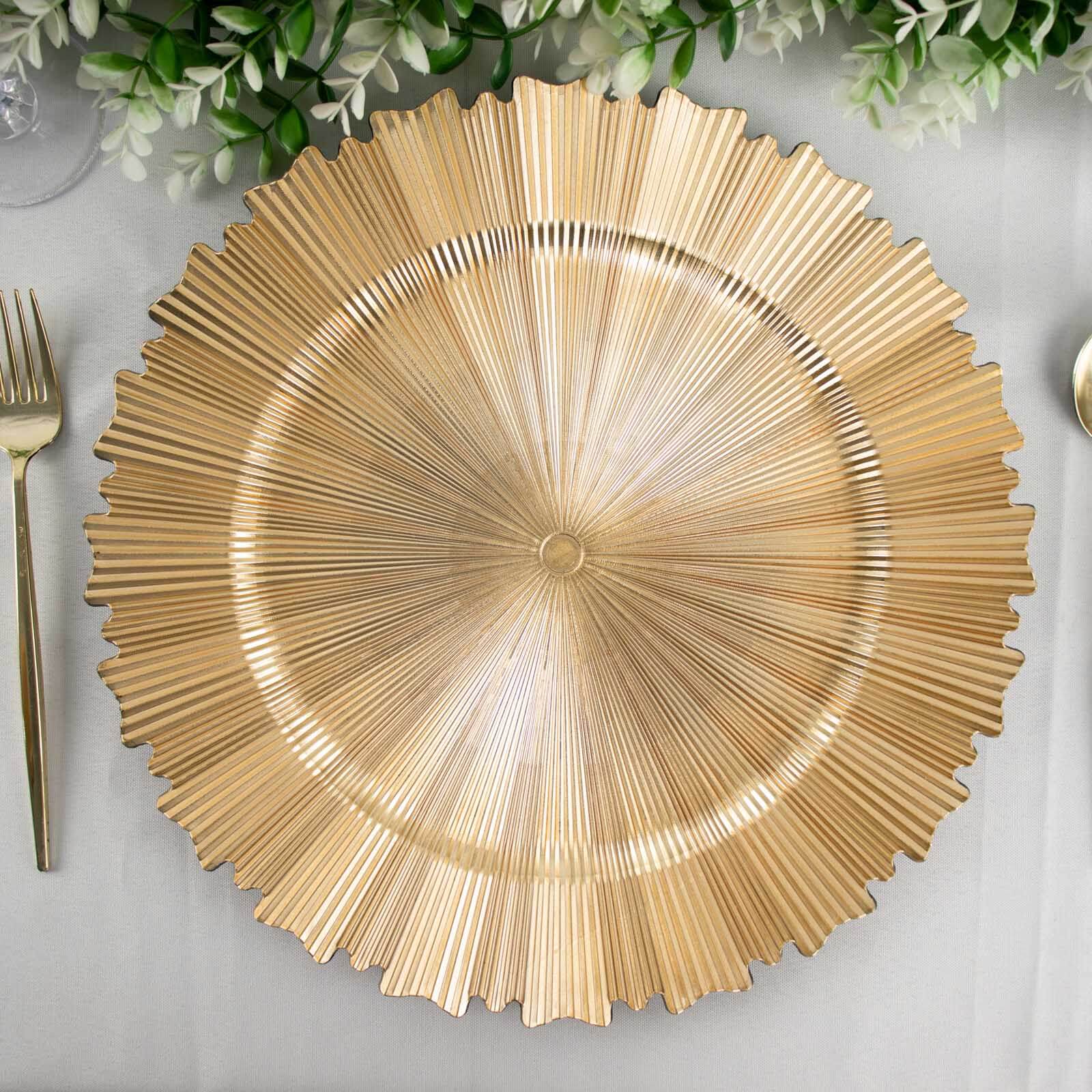 6-Pack Acrylic Plastic Round Charger Plates 13 in Metallic Gold with Sunray Scalloped Rim, Decorative Dinner Party Charger Tableware