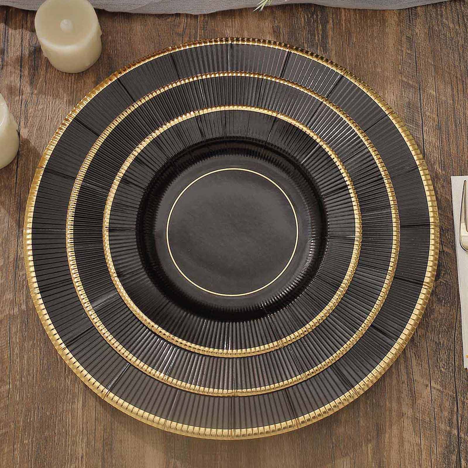 25-Pack Paper 8 Round Dessert Plates in Black Sunray Design with Gold Rim - Disposable Heavy Duty 350GSM Appetizer Salad Plates