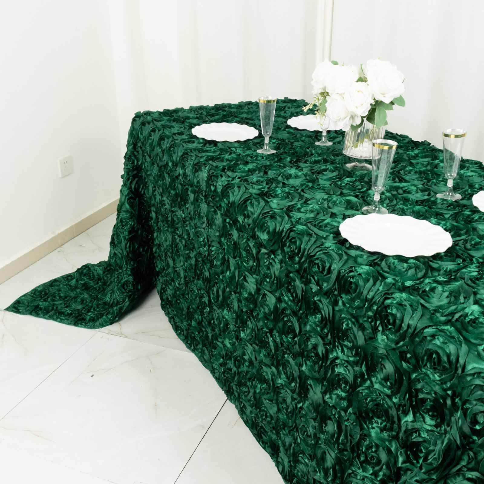 Satin 90x132 Rectangle Tablecloth Hunter Emerald Green - Grandiose 3D Rosette Seamless Table Cover