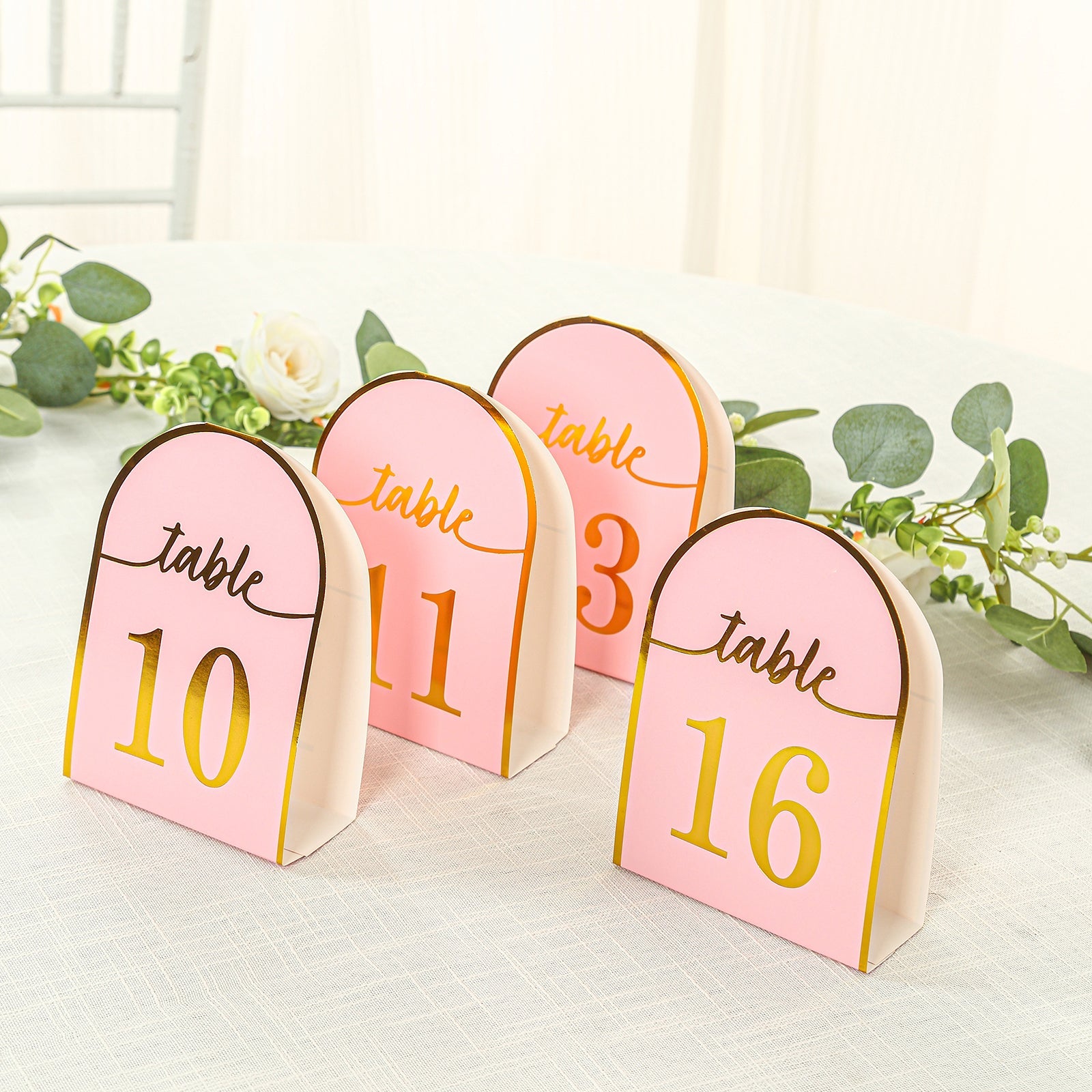 25-Pack Paper Wedding Table Numbers 1-25 Blush Arch Cutout Design - Sleek & Modern Free Standing Double Sided Table Tent Cards with Metallic Gold Foil Numbers 7