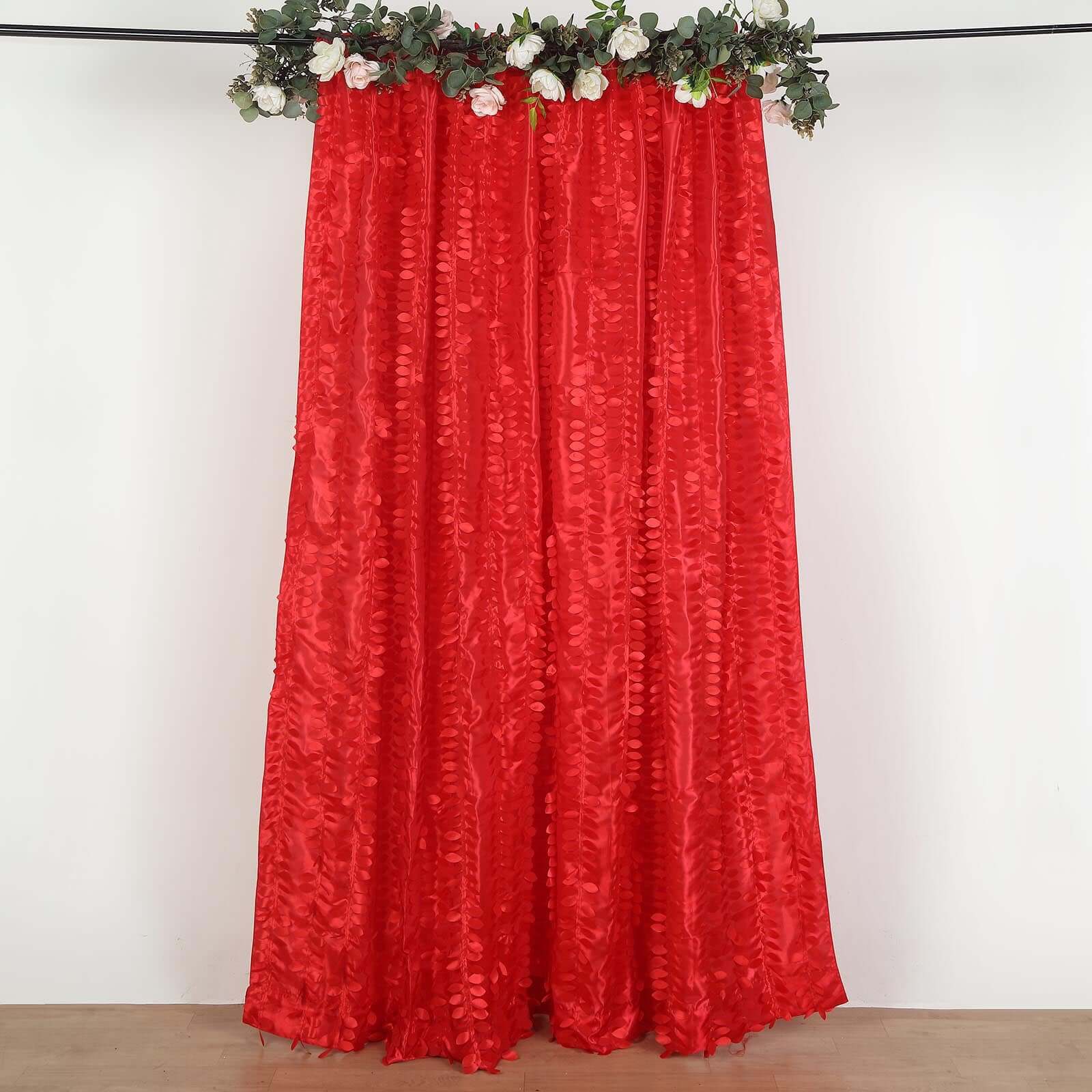 8ftx8ft Red 3D Leaf Petal Taffeta Event Curtain Drapes, Backdrop Event Panel With Rod Pocket