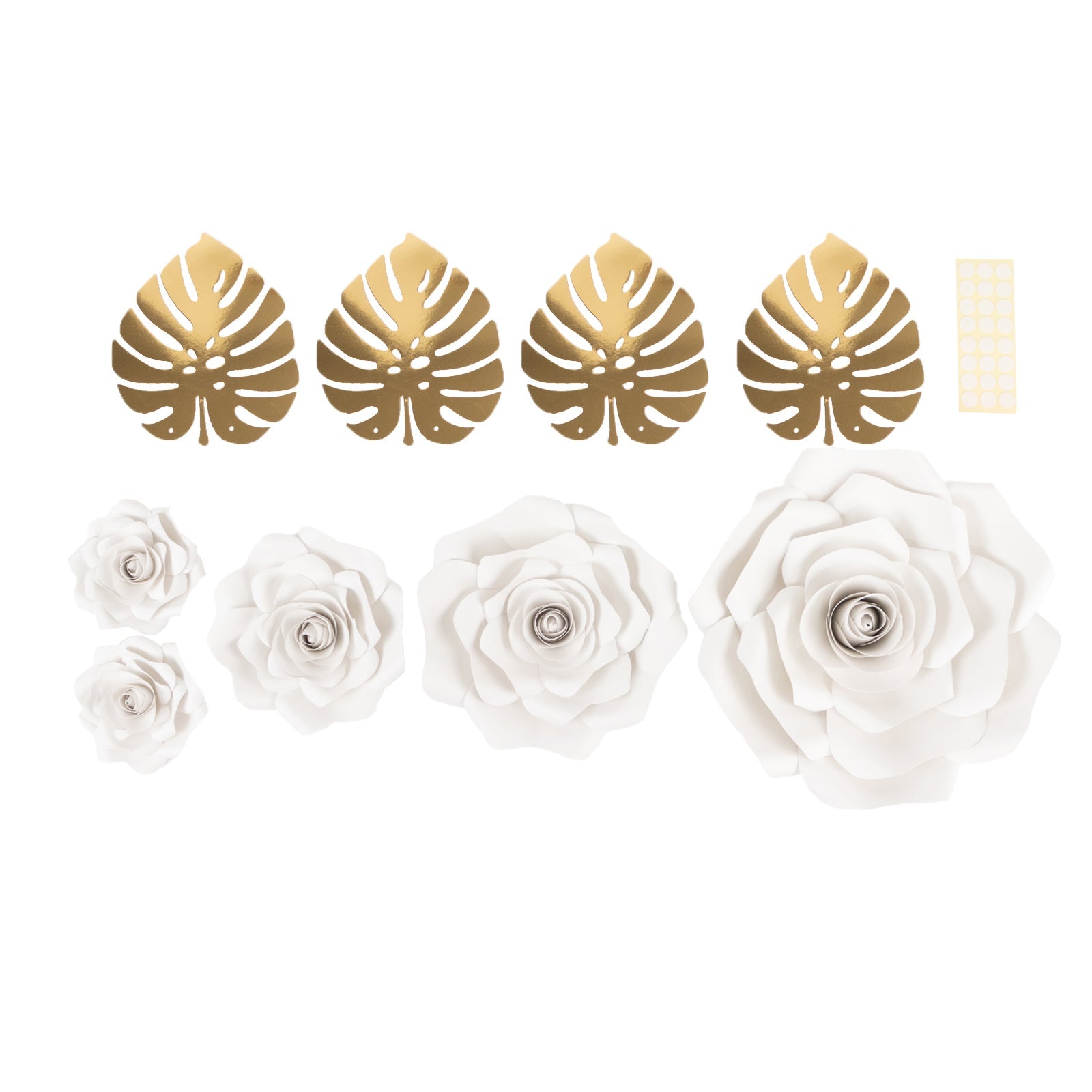 Set of 9 White 3D Rose Paper Flowers with Gold Tropical Palm Leaves, Party Flower Backdrop Hanging Wall Decor