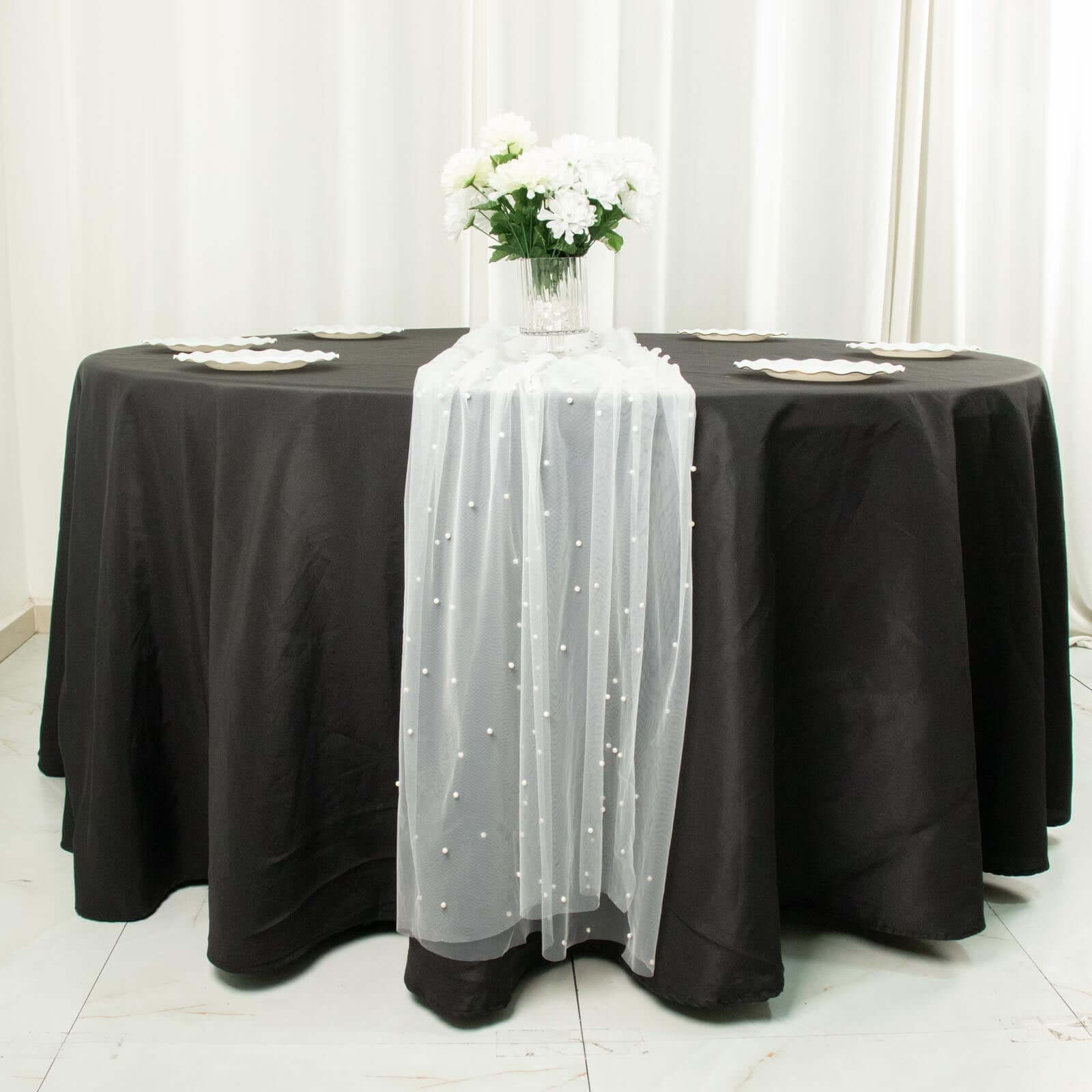 Sheer Tulle 48x120 Table Runner White Pearl Embellished - Stylish Wedding & Event Table Linen