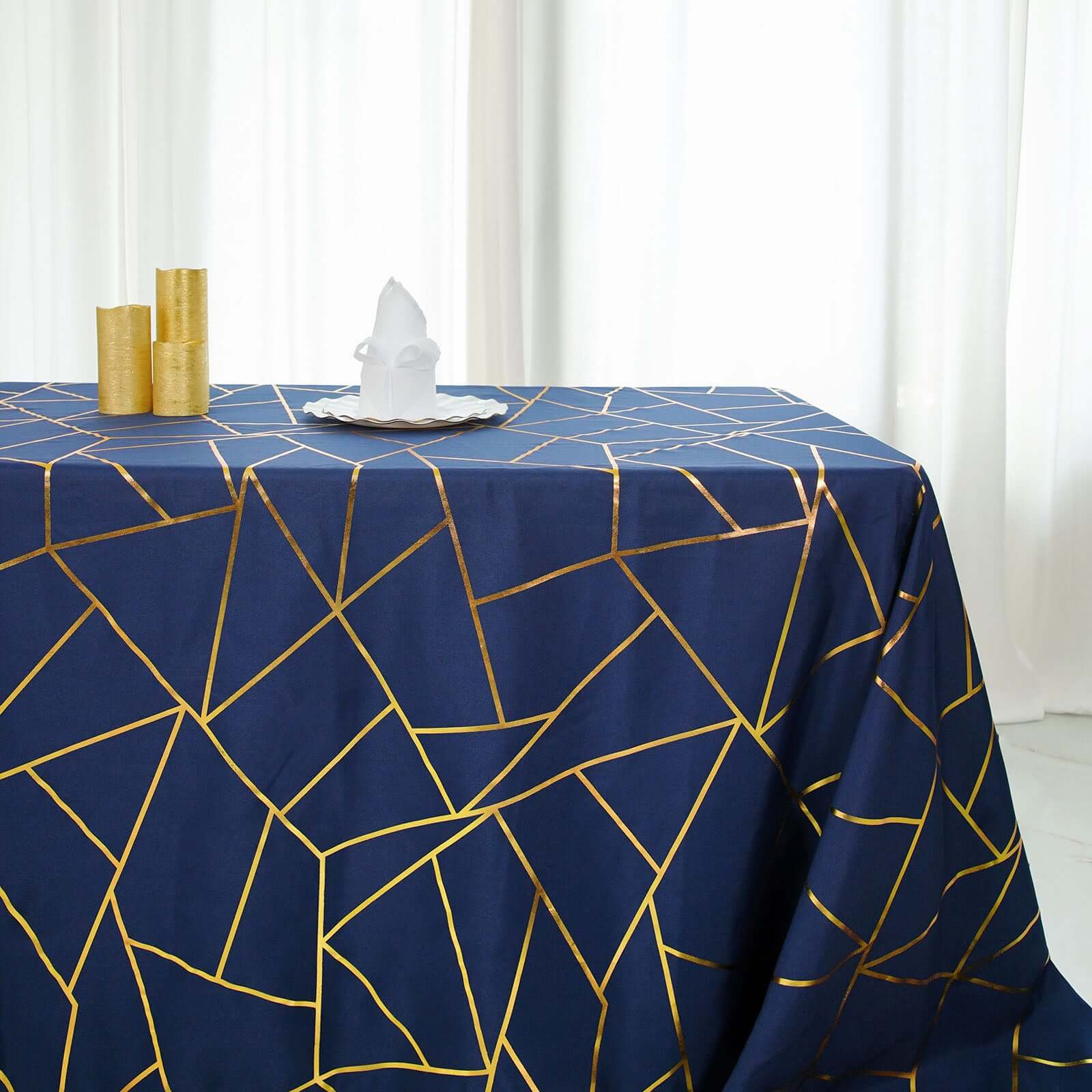 Polyester 90x156 Rectangle Tablecloth Navy Blue Seamless with Gold Foil Geometric Pattern - Wrinkle-Resistant Seamless Table Cover for Sophisticated Events