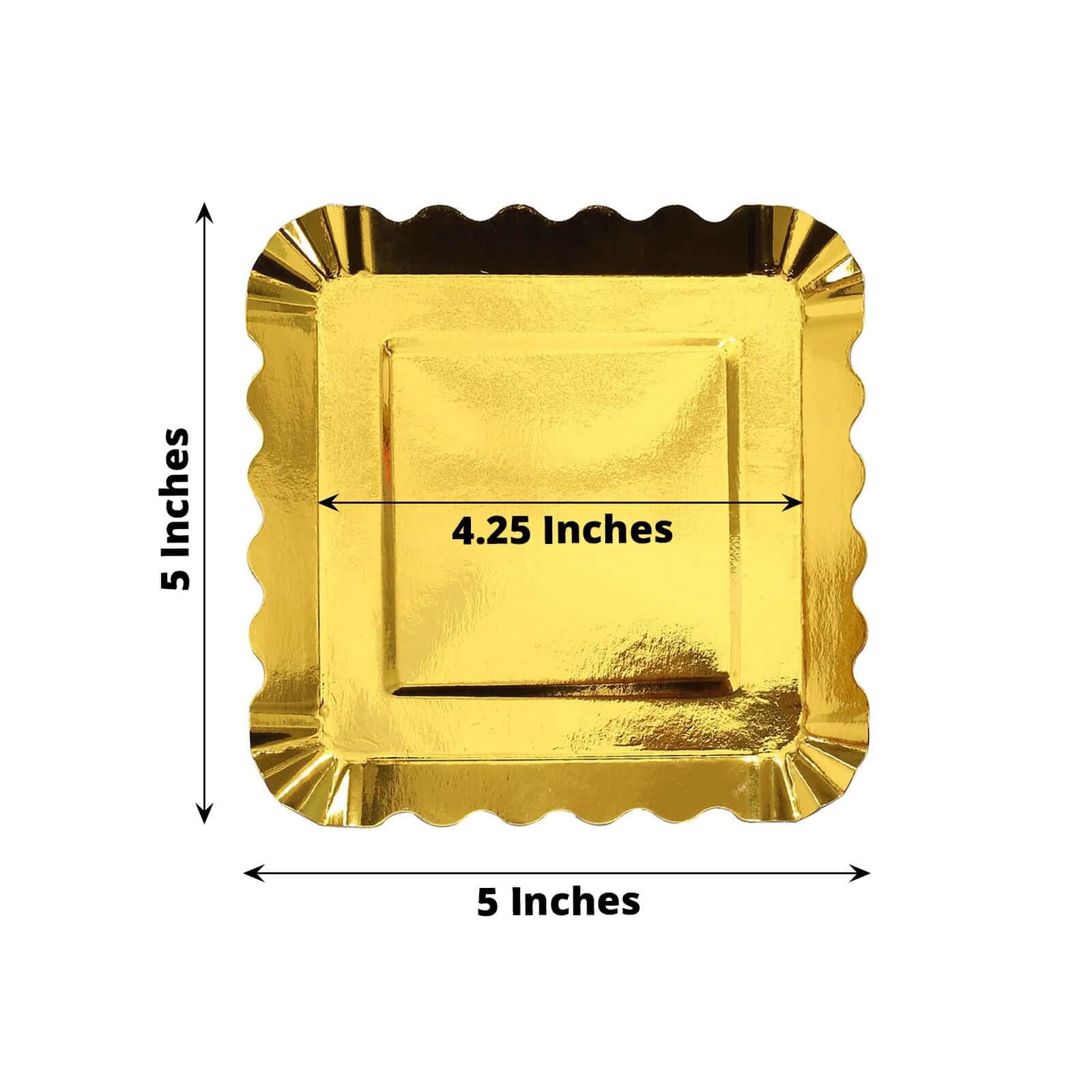 50-Pack Paper 5 Square Dessert Plates in Gold Foil with Scalloped Rim - Disposable Appetizer Plates for for Glam Gatherings & Special Occasions