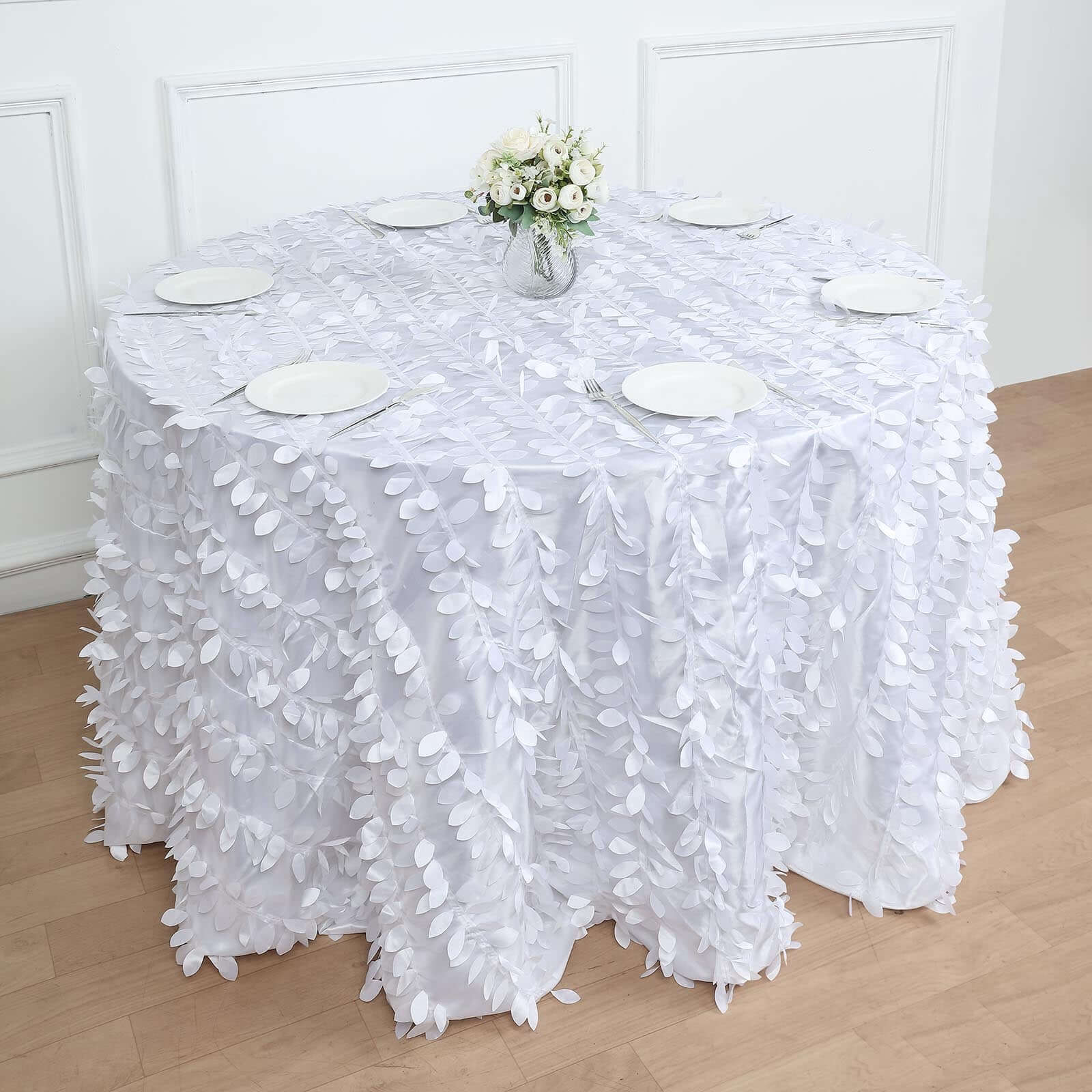 Taffeta 120 Round Tablecloth White 3D | 3D Leaf Petal Design Seamless Table Cover for Chic Wedding & Event Decor