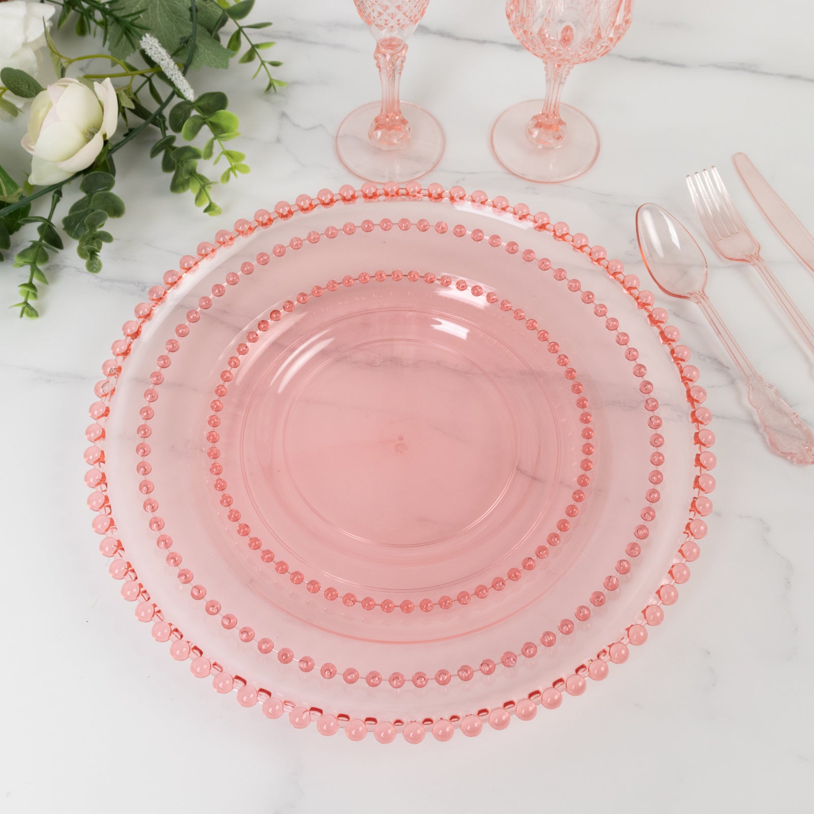 6-Pack Acrylic Round Charger Plates 13 in Transparent Blush with Beaded Rim, Decorative Dinner Party Serving Plates