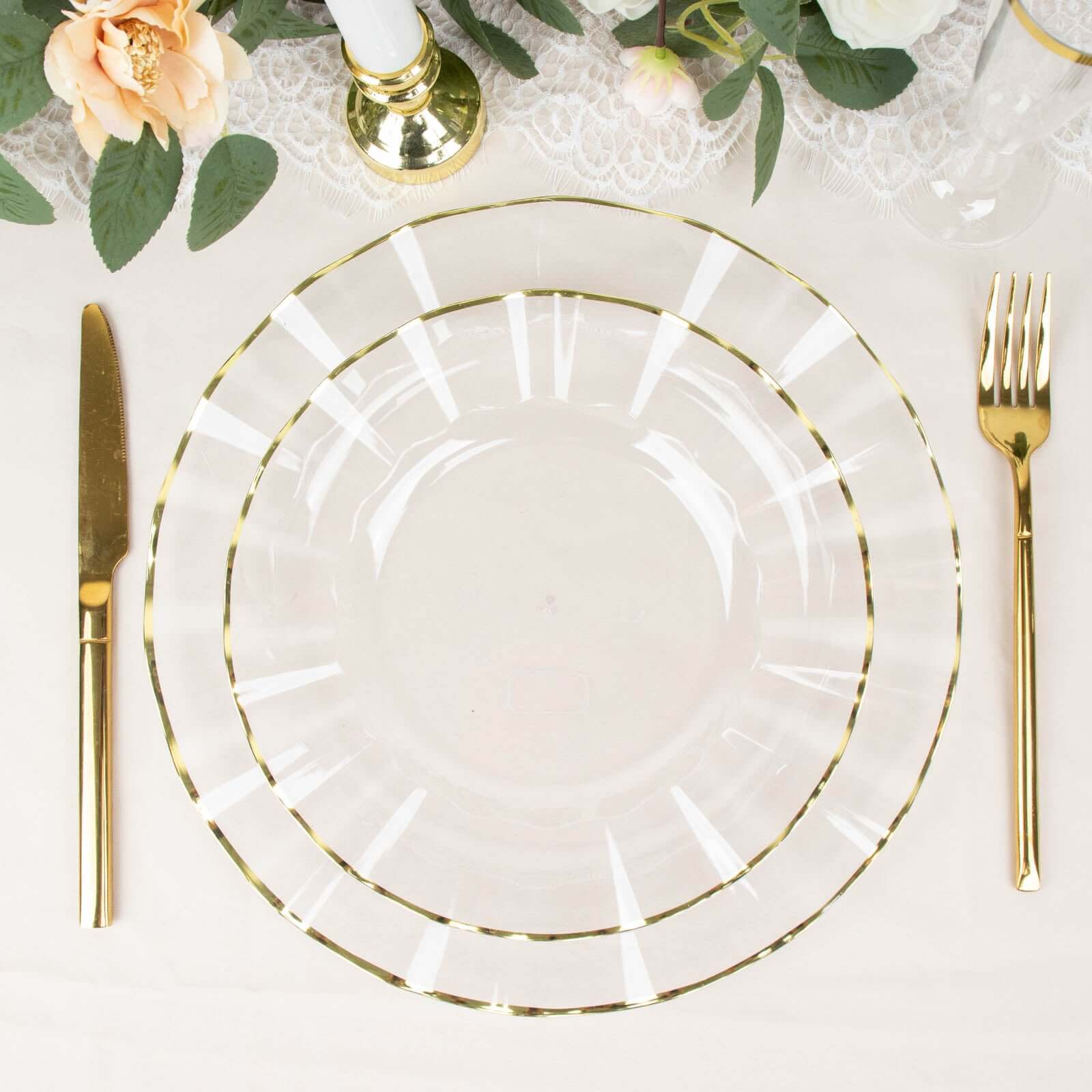 10-Pack Plastic 9 Round Dinner Plates in Clear Ruffled Rim with Gold Edging - Sturdy Disposable Dinnerware