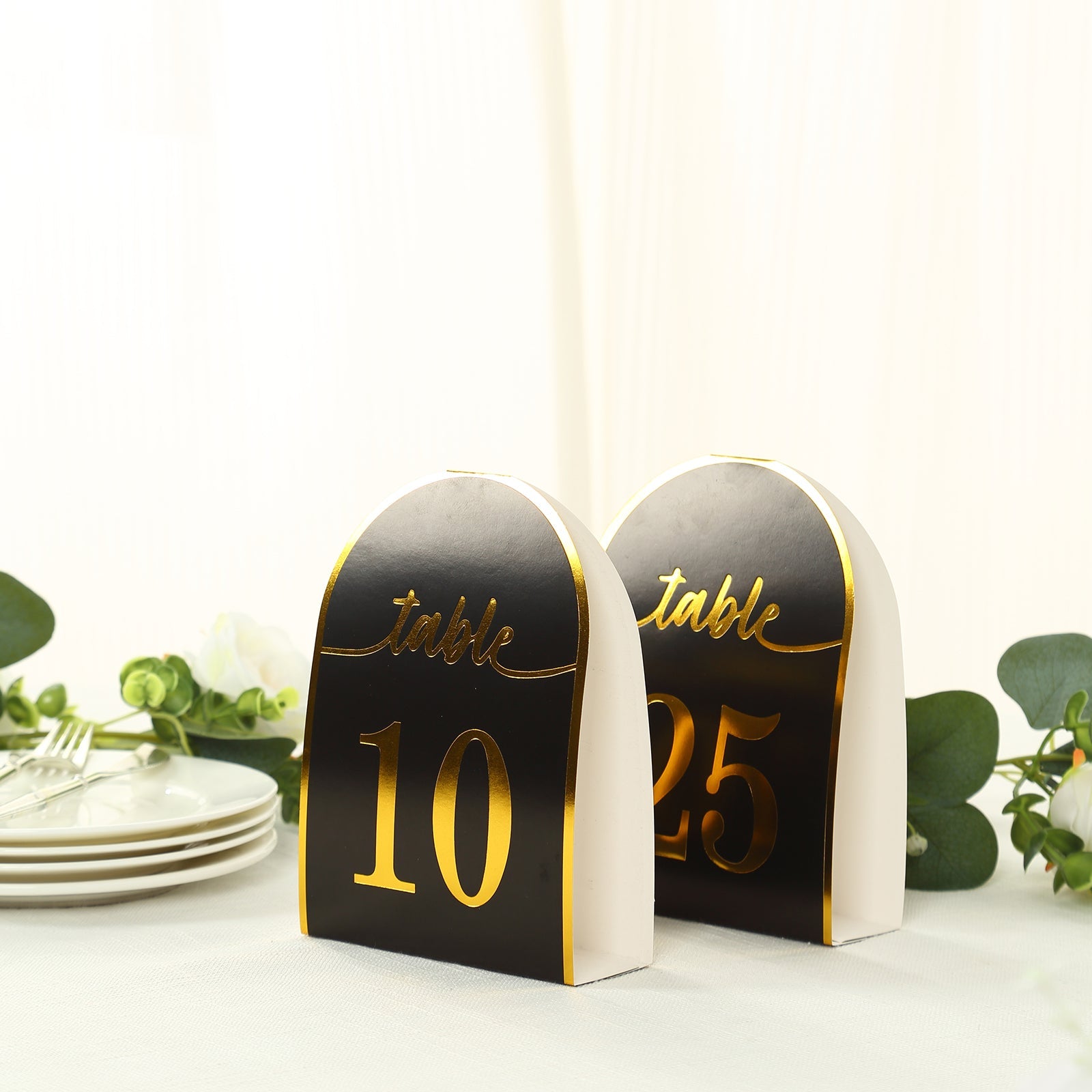 25-Pack Paper Wedding Table Numbers 1-25 Black Arch Cutout Design - Sleek & Modern Free Standing Double Sided Table Tent Cards with Metallic Gold Foil Numbers 7