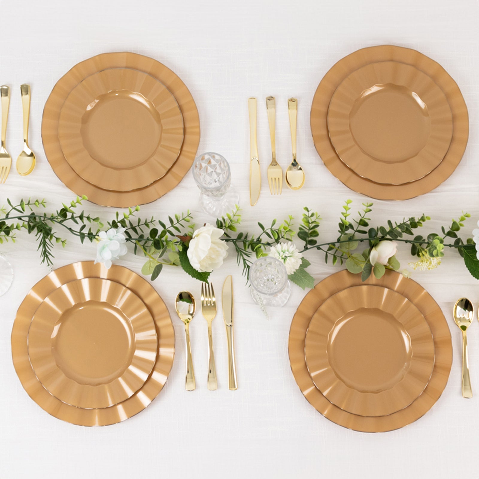 10-Pack Plastic 9 Round Dinner Plates in Gold with Ruffled Rim - Sturdy Disposable Dinnerware for Classy Events & Banquets