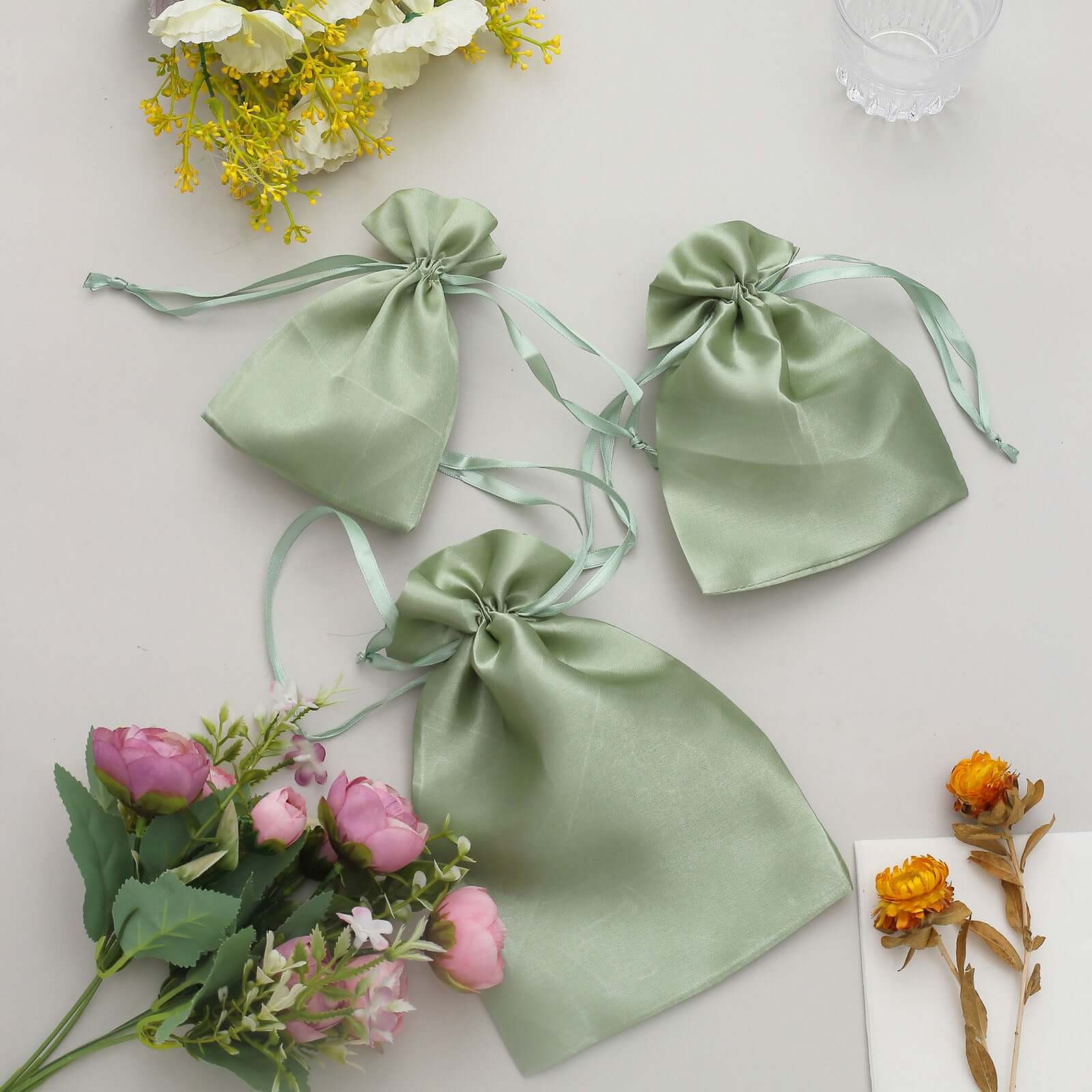 12 Pack 5x7 Sage Green Satin Drawstring Wedding Party Favor Gift Bags, Drawstring Pouch Gift Bags