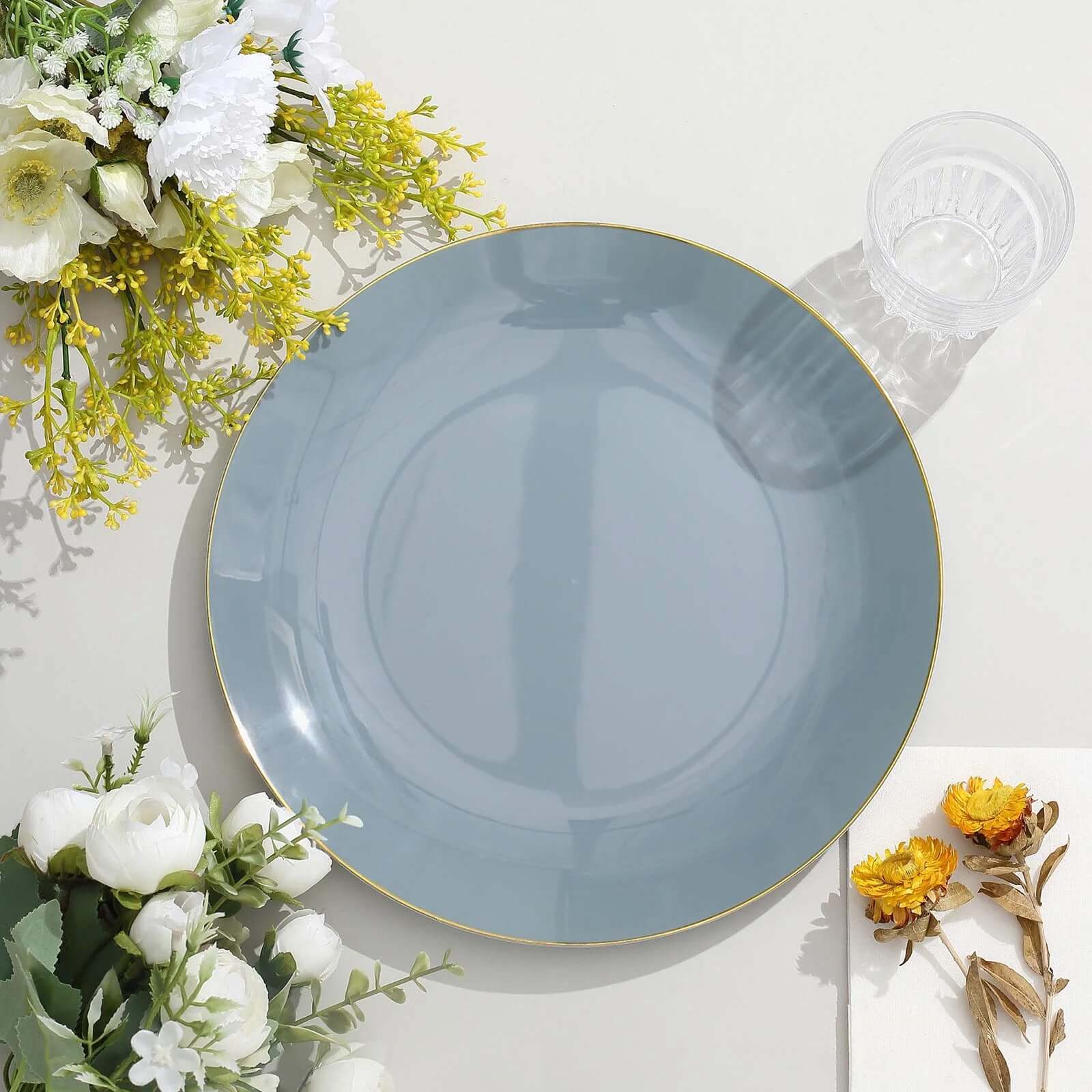 10-Pack Plastic 10 Round Dinner Plates in Dusty Blue with Gold Rim - Glossy Disposable Party Plates