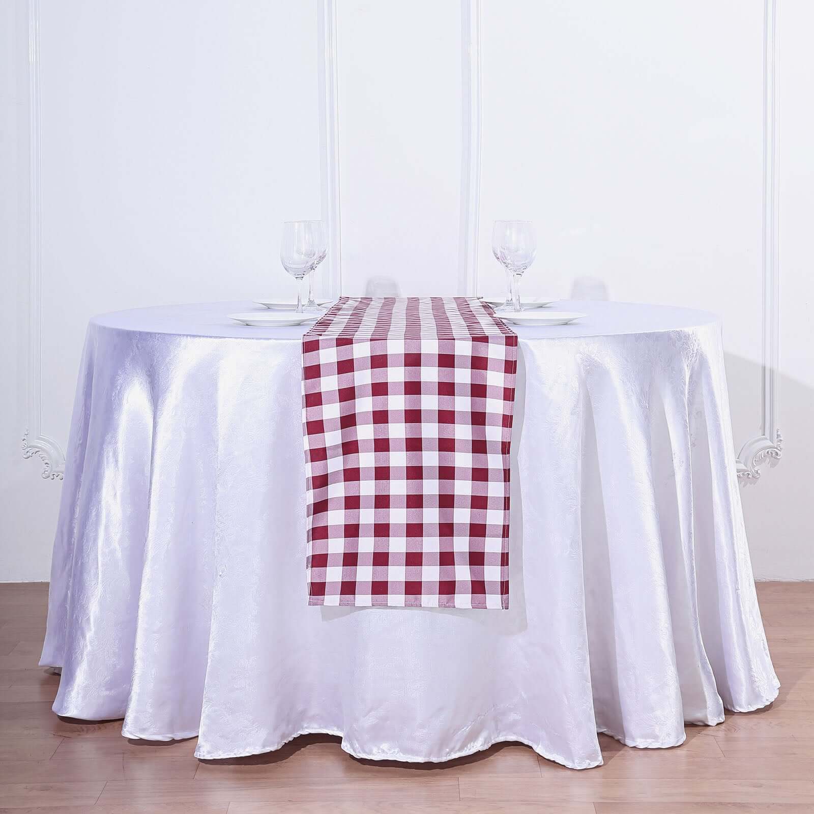 Polyester 14x108 Table Runner Burgundy/White - Gingham Plaid Design