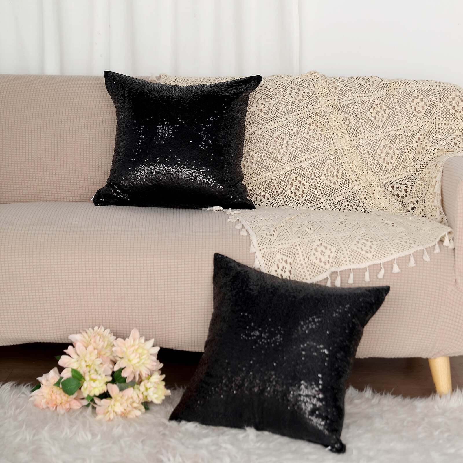 2 Pack 18x18 Sequin Throw Pillow Cover, Decorative Cushion Case - Square Black Sequin