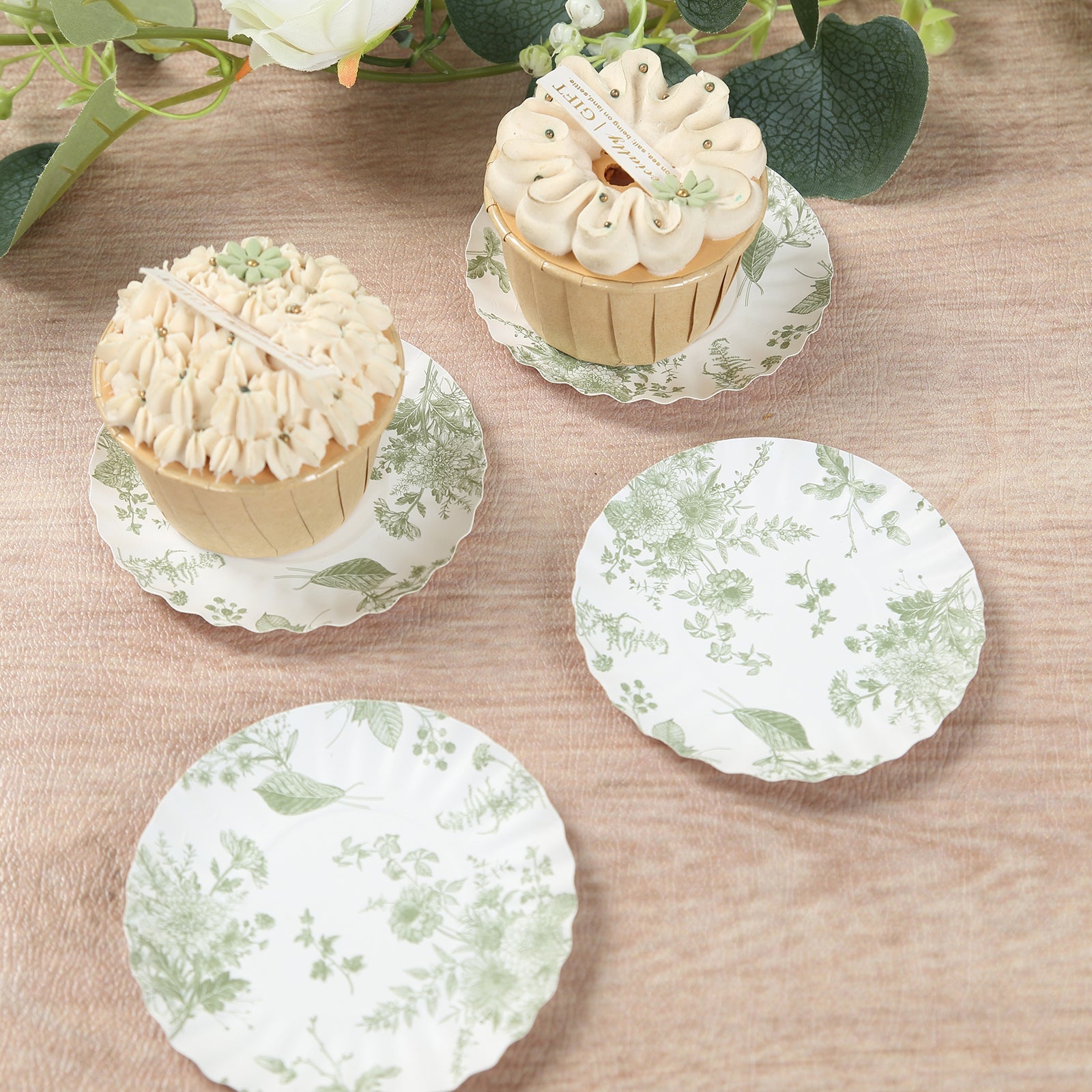 100-Pack Paper 3.5 Round Plates in White with Sage Green French Toile Design & Scalloped Rim - Disposable Mini 250GSM Dessert Party Plates for Tapas, Appetizers & Finger Foods