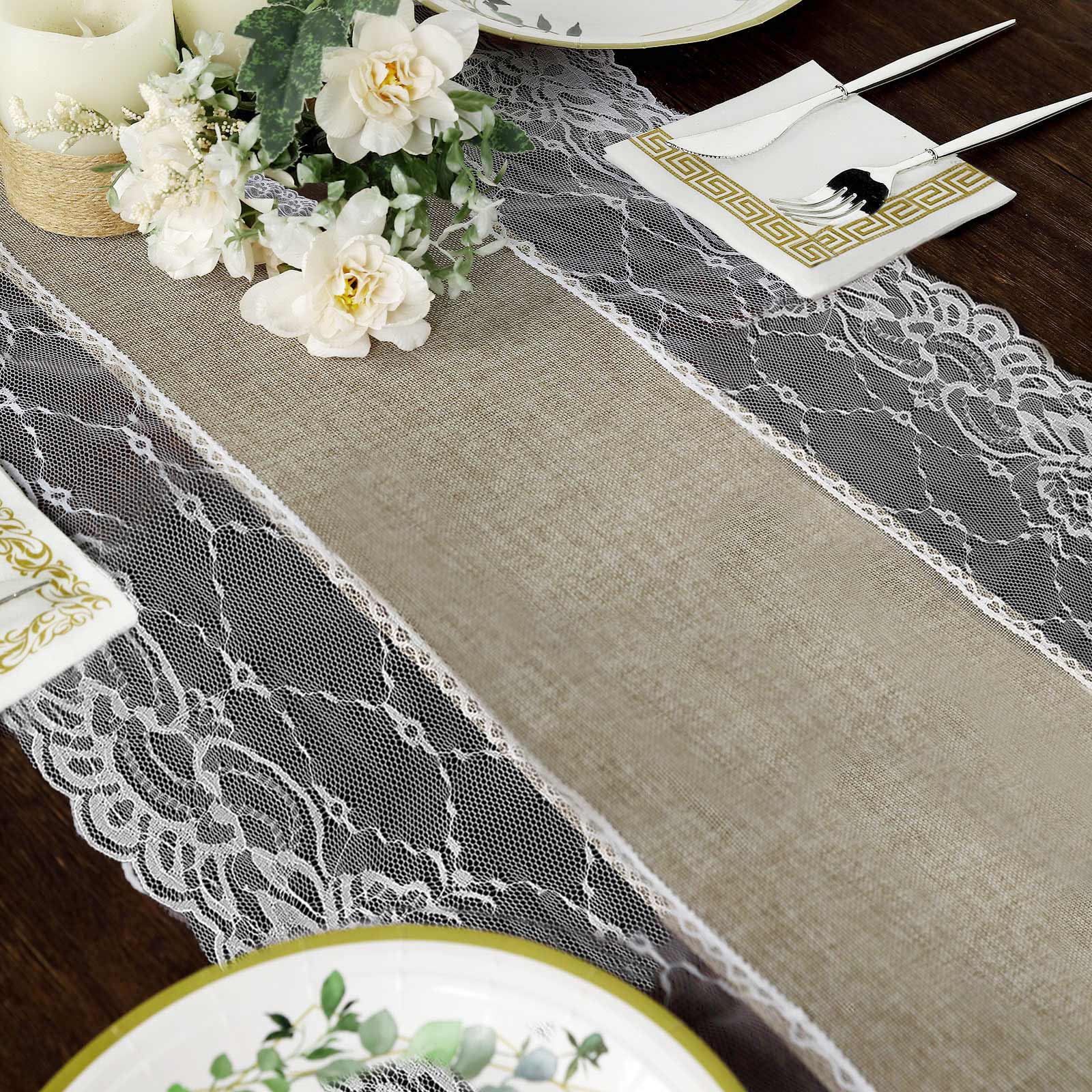 Faux Burlap Jute 16x108 Table Runner Taupe With White Lace Edging - Rustic Farmhouse Table Linen