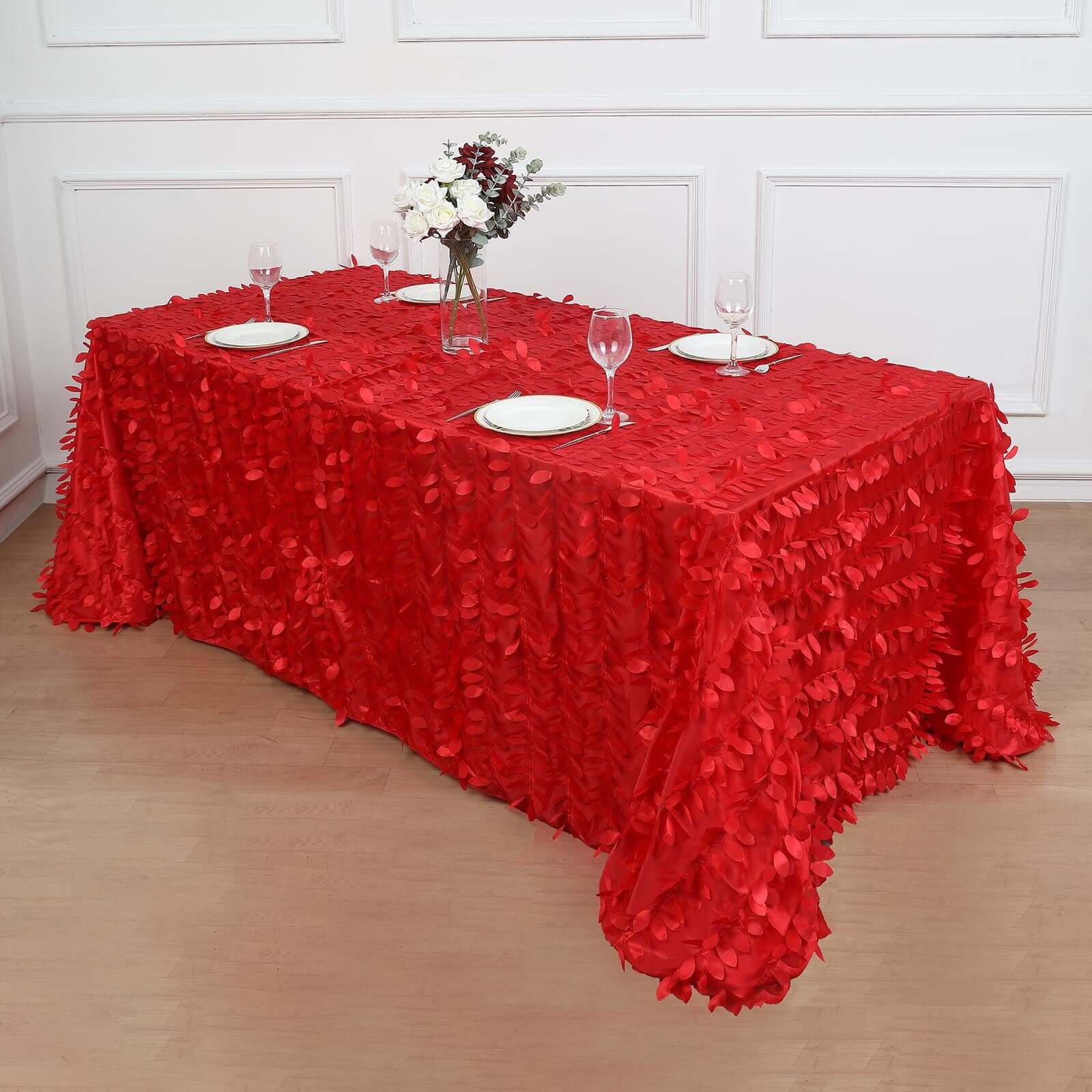 Taffeta 90x132 Rectangle Tablecloth Red | 3D Leaf Petal Design Seamless Table Cover