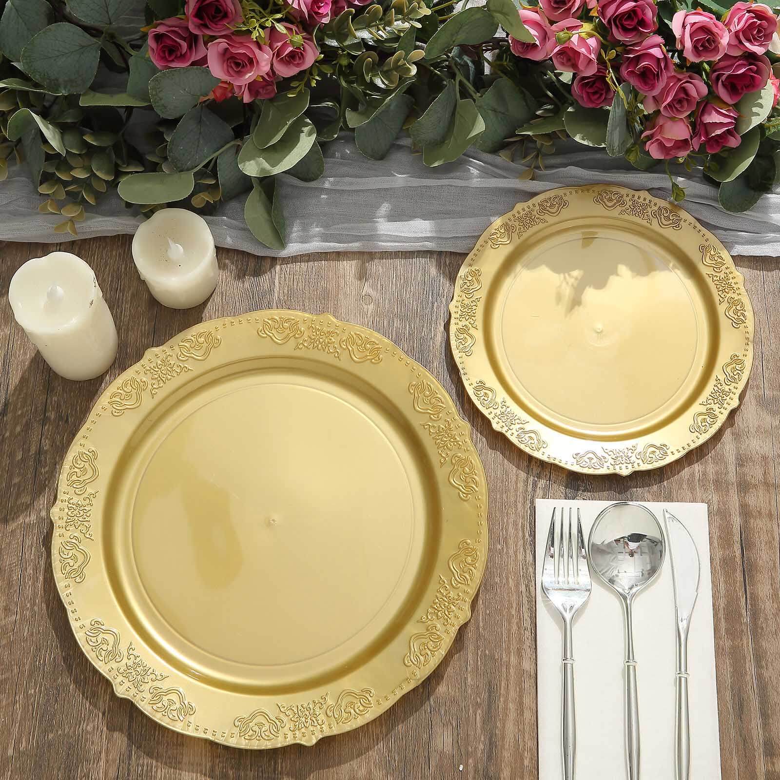 10-Pack Plastic 7.5 Round Appetizer Plates Gold Embossed Scalloped Edge - Chic Disposable Salad Plates for Special Occasions & Banquets