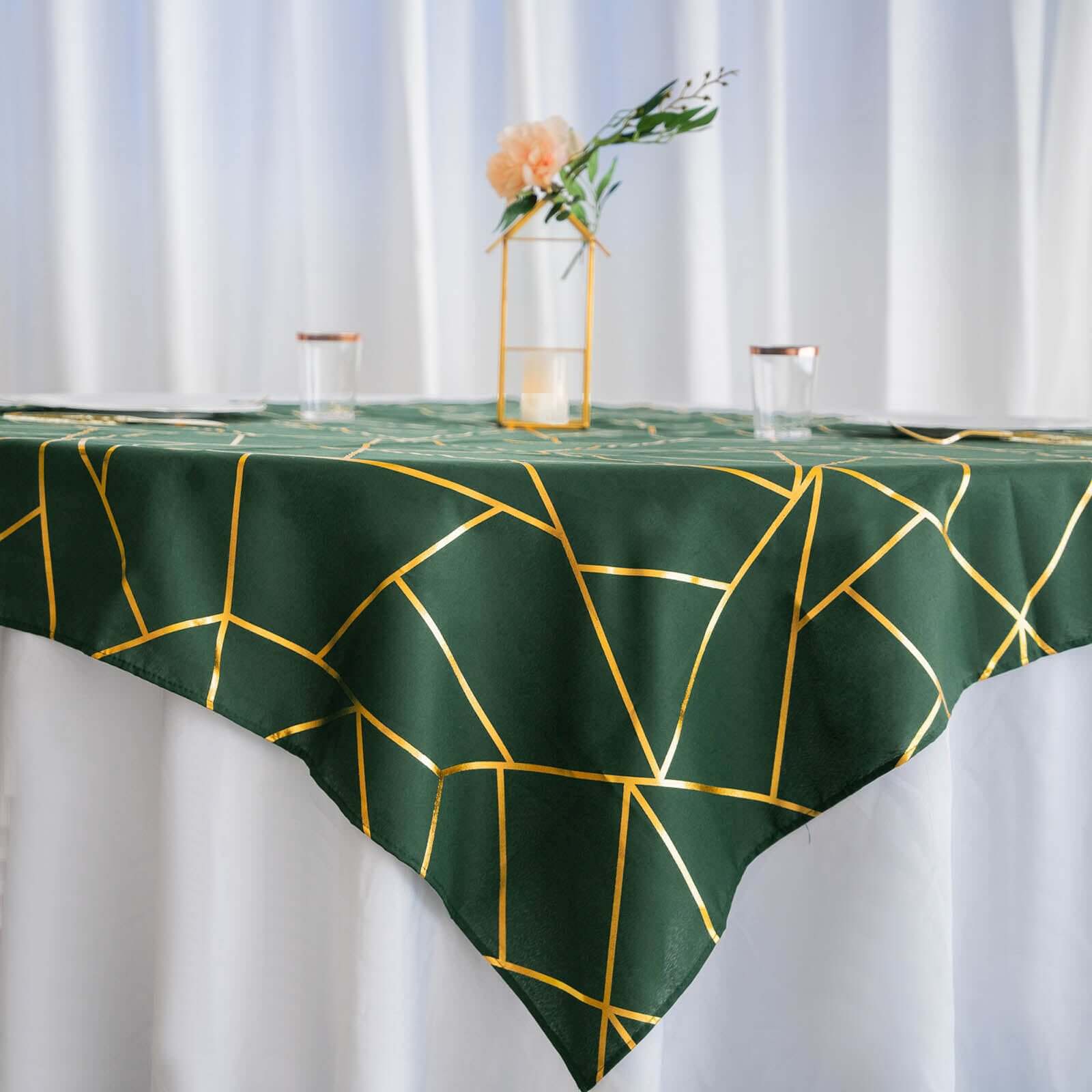 Polyester 54x54 Table Overlay Square Tablecloth Hunter with Gold Foil Geometric Pattern - Wrinkle-Resistant & Durable Table Topper