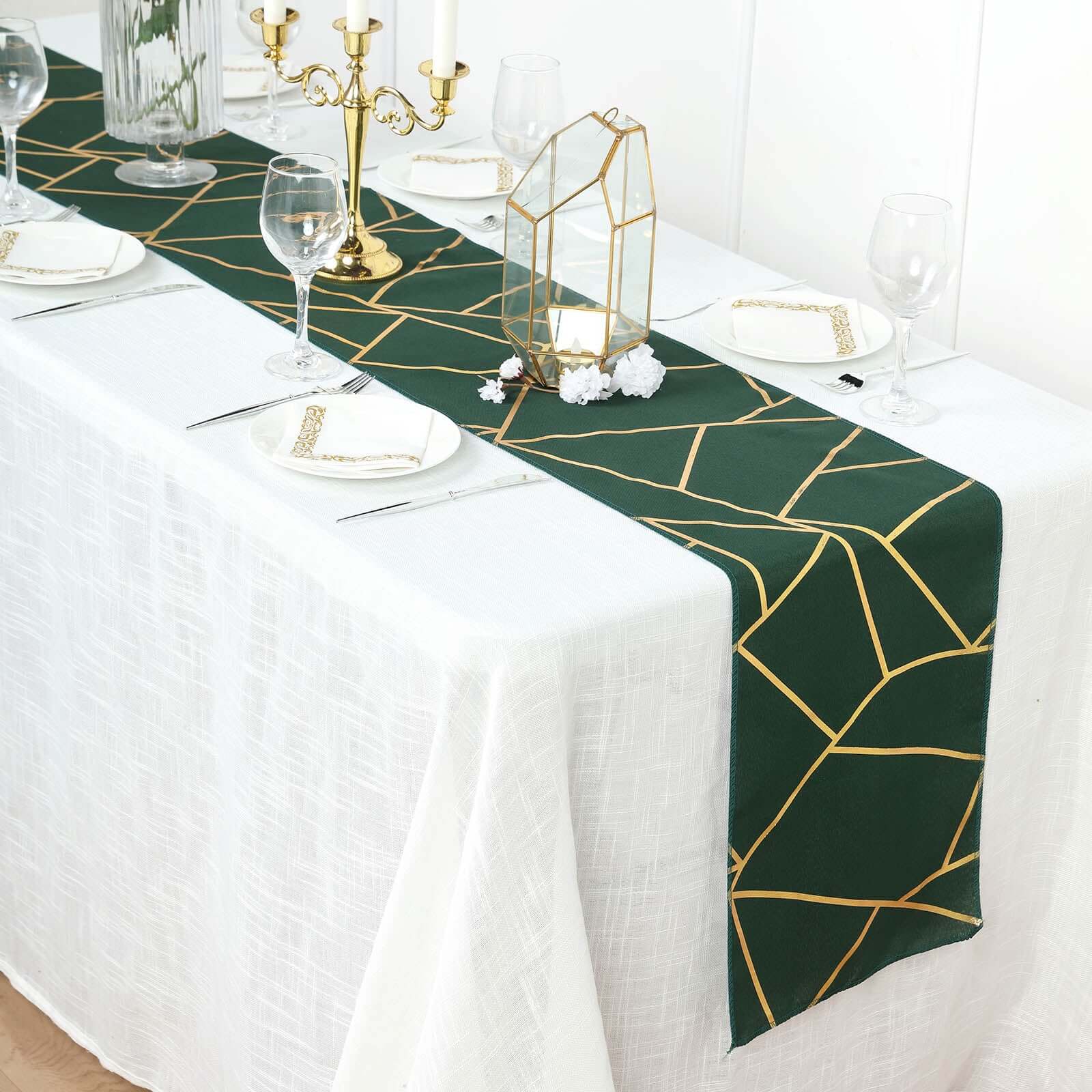 Polyester 9ft Table Runner Hunter Emerald Green with Gold Foil Modern Geometric Accent