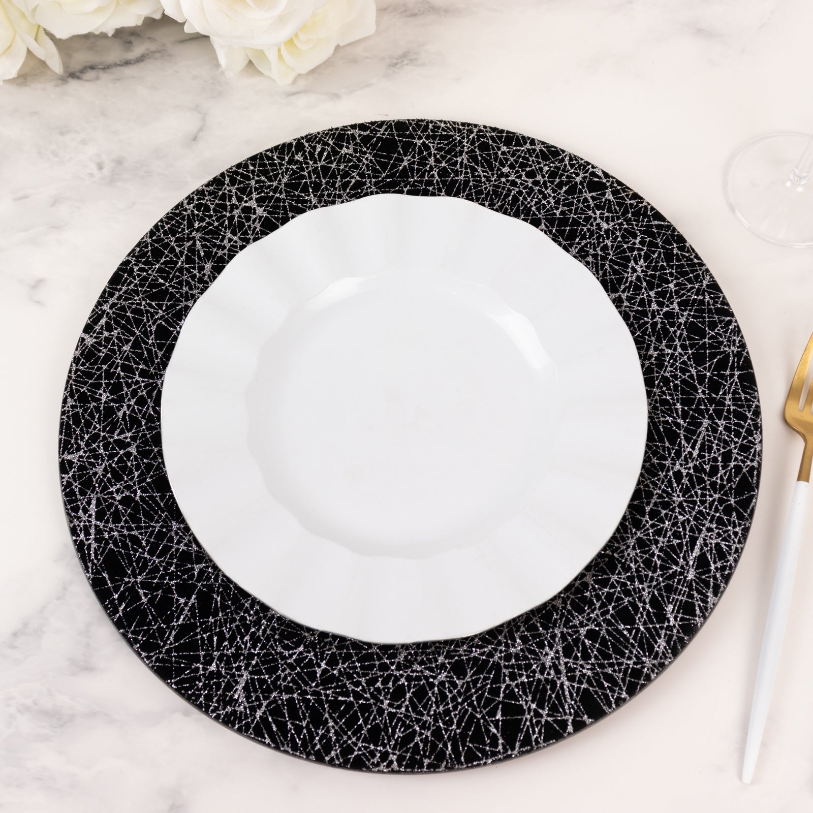 6-Pack Acrylic Round Charger Plates 13 in Black with Silver Glitter Abstract Lines Pattern, Decorative Dinner Party Charger Tableware