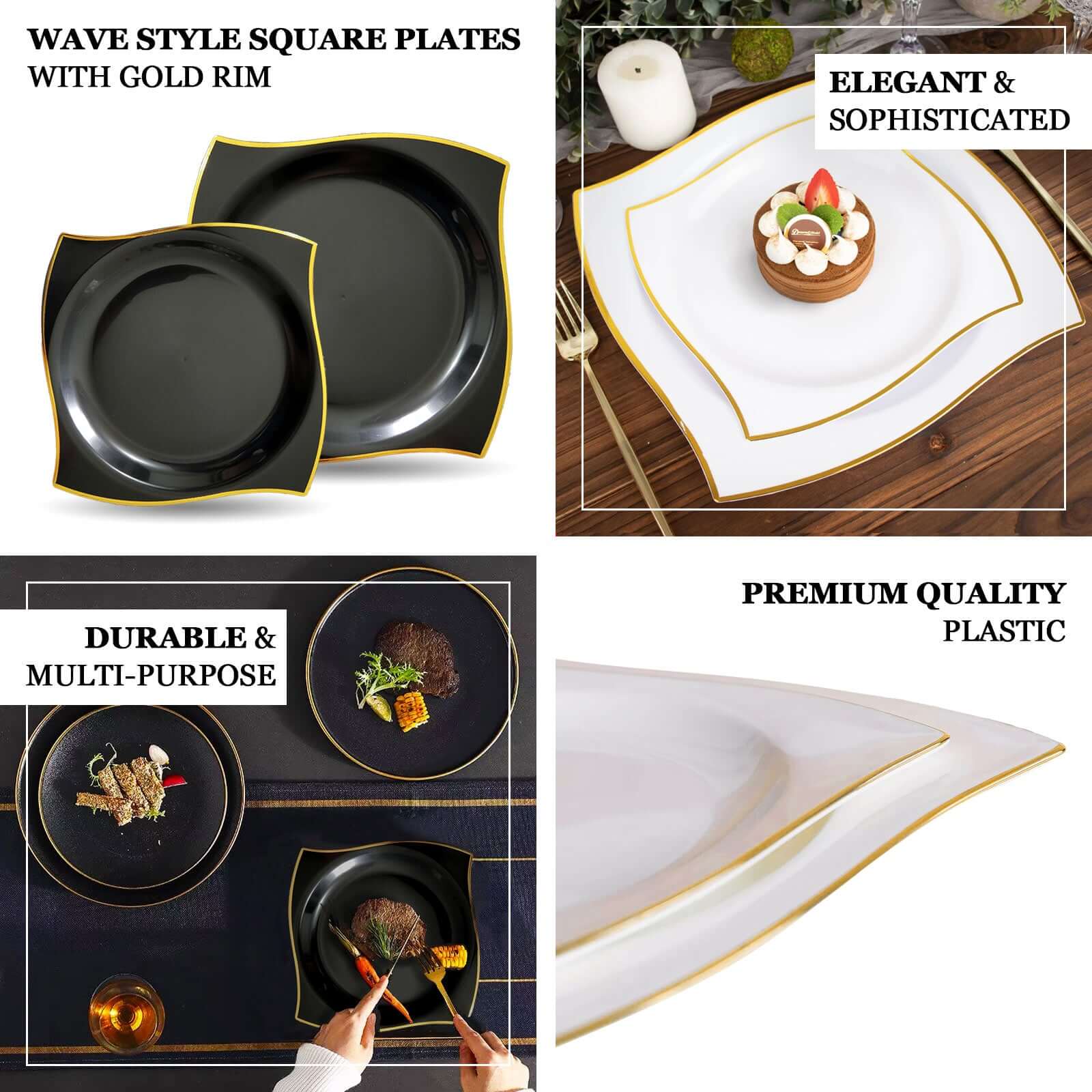 10-Pack Plastic 10 Square Dinner Plates in Black with Gold Wavy Rim Modern - Disposable Party Plates