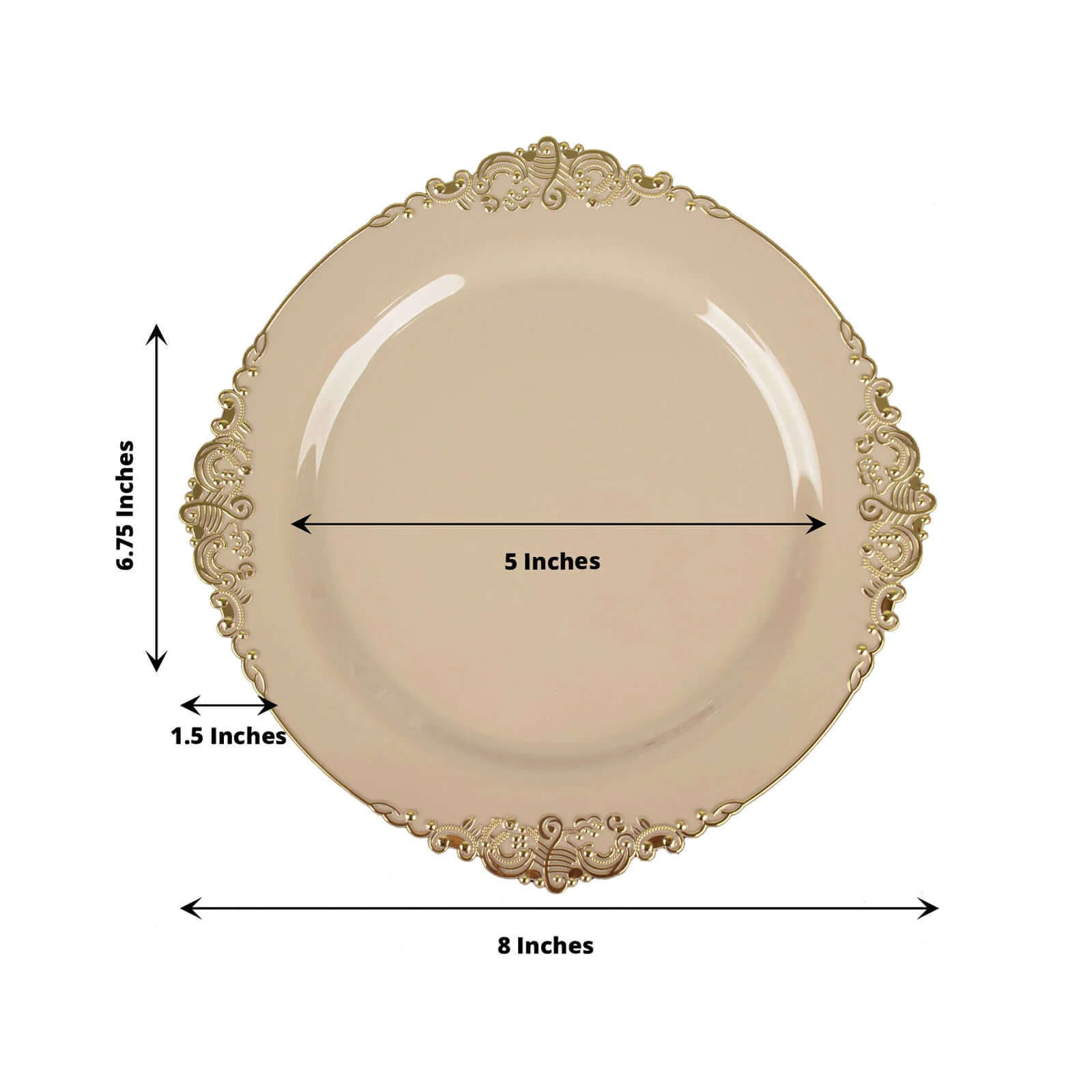 10-Pack Plastic 8 Round Dessert Plates in Taupe with Gold Leaf Embossed Rim - Disposable Vintage Baroque Style Salad Plates