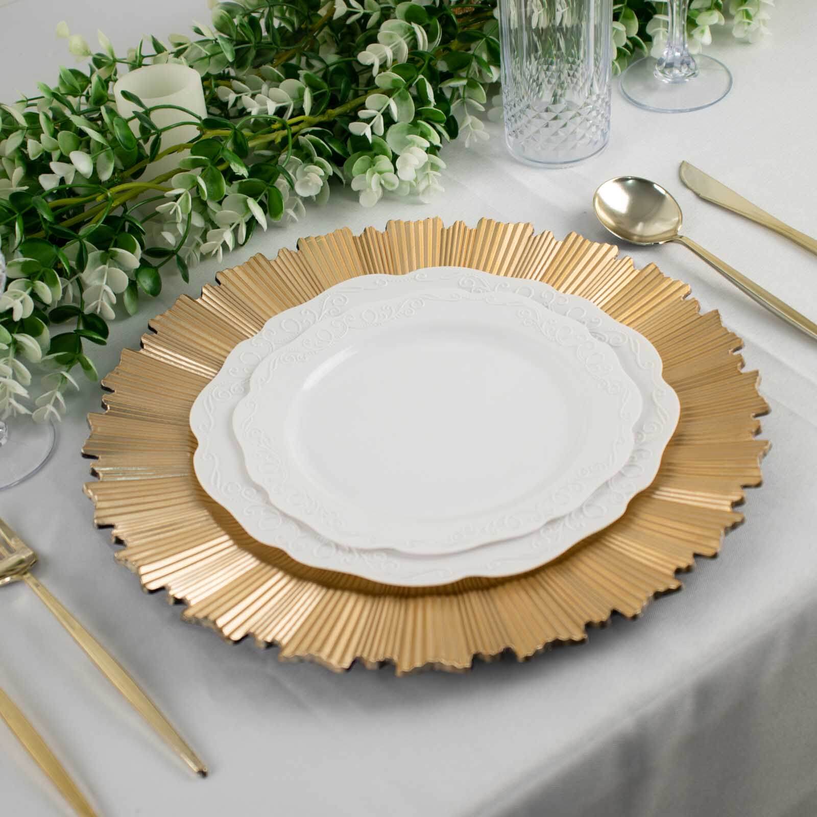 6-Pack Acrylic Plastic Round Charger Plates 13 in Metallic Gold with Sunray Scalloped Rim, Decorative Dinner Party Charger Tableware