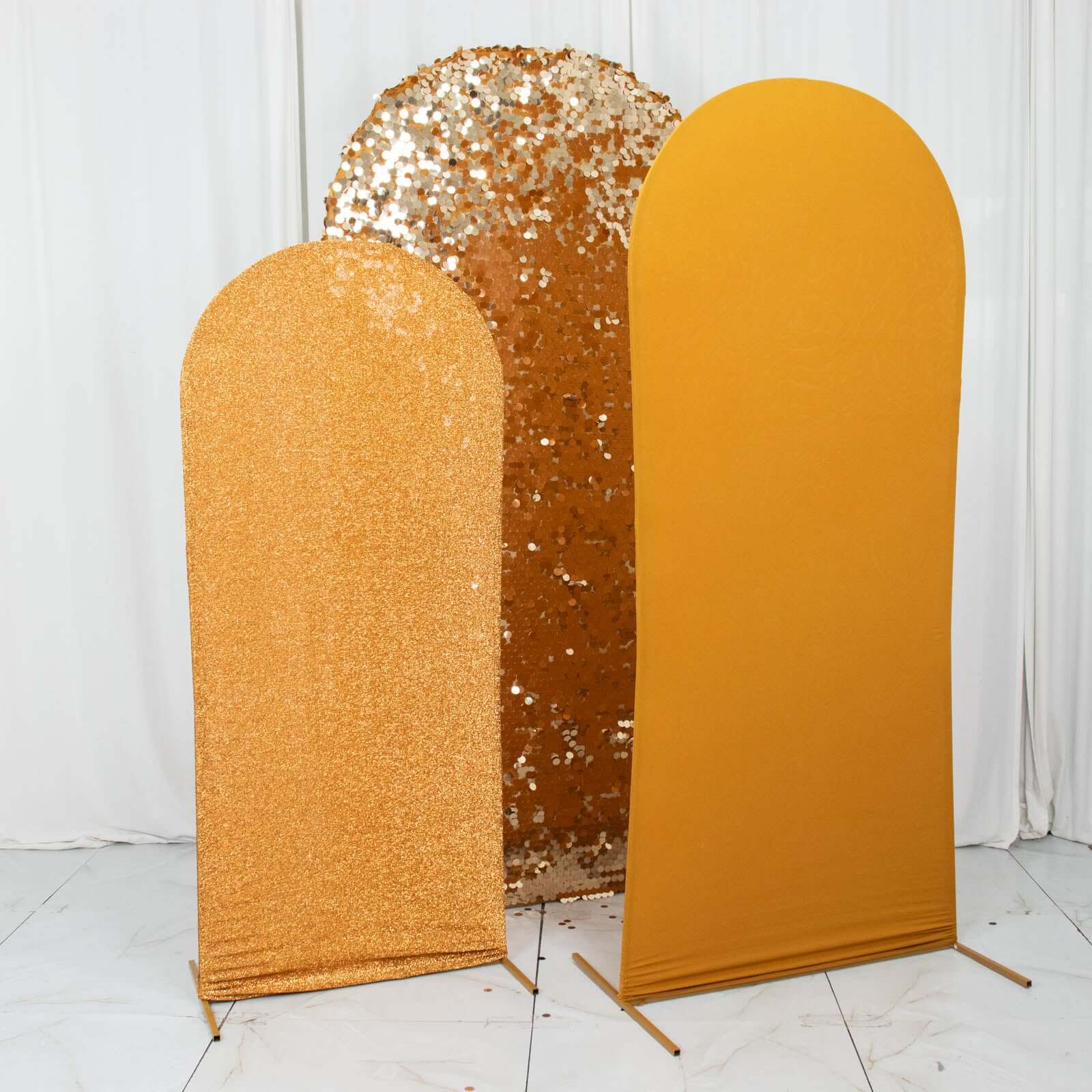 Set of 3 Gold Round Top Fitted Wedding Arch Frame Covers, Big Payette Sequin, Shimmer Tinsel and Matte Spandex Backdrop Stand Covers