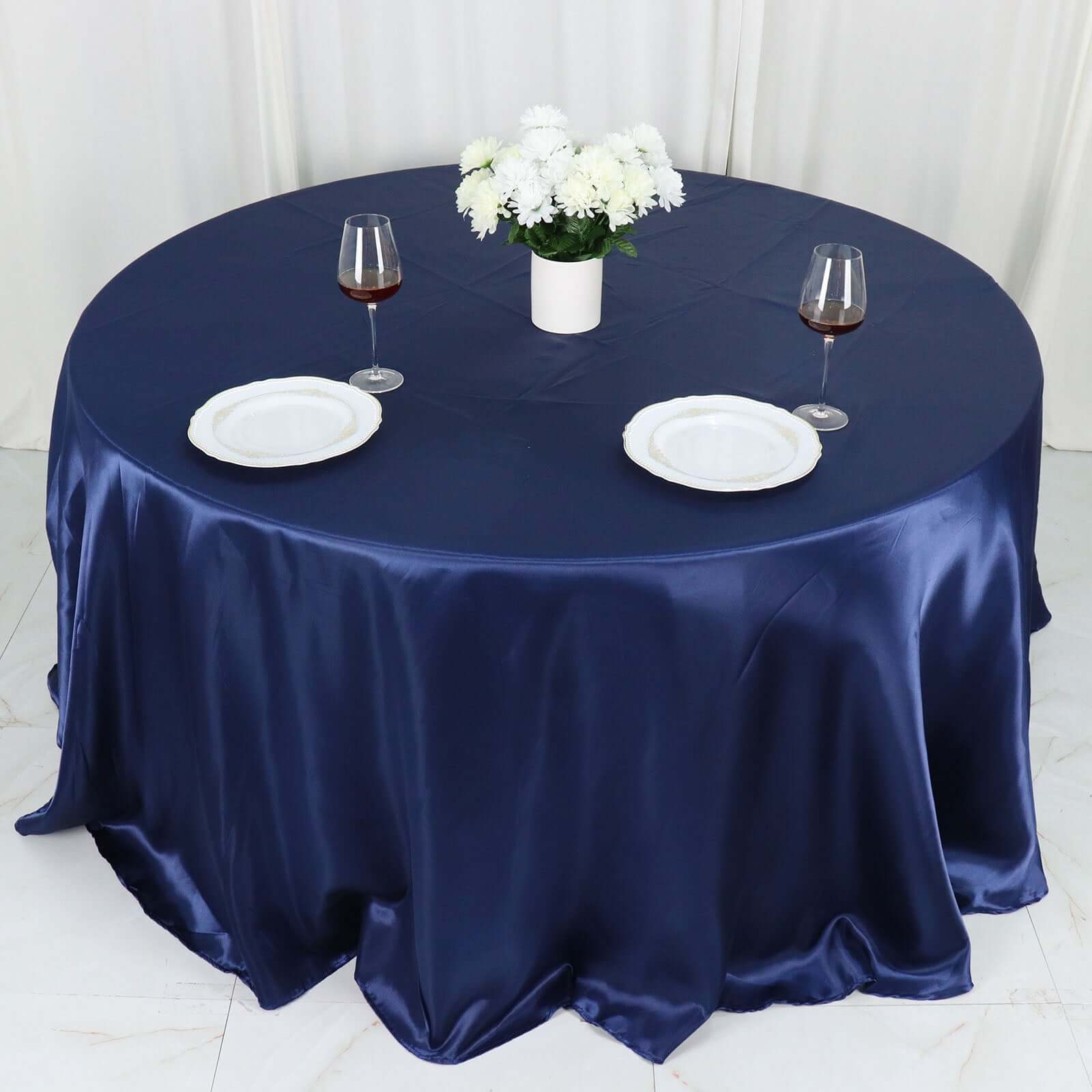 Satin 132 Round Tablecloth Navy Blue - Stylish Seamless Table Cover