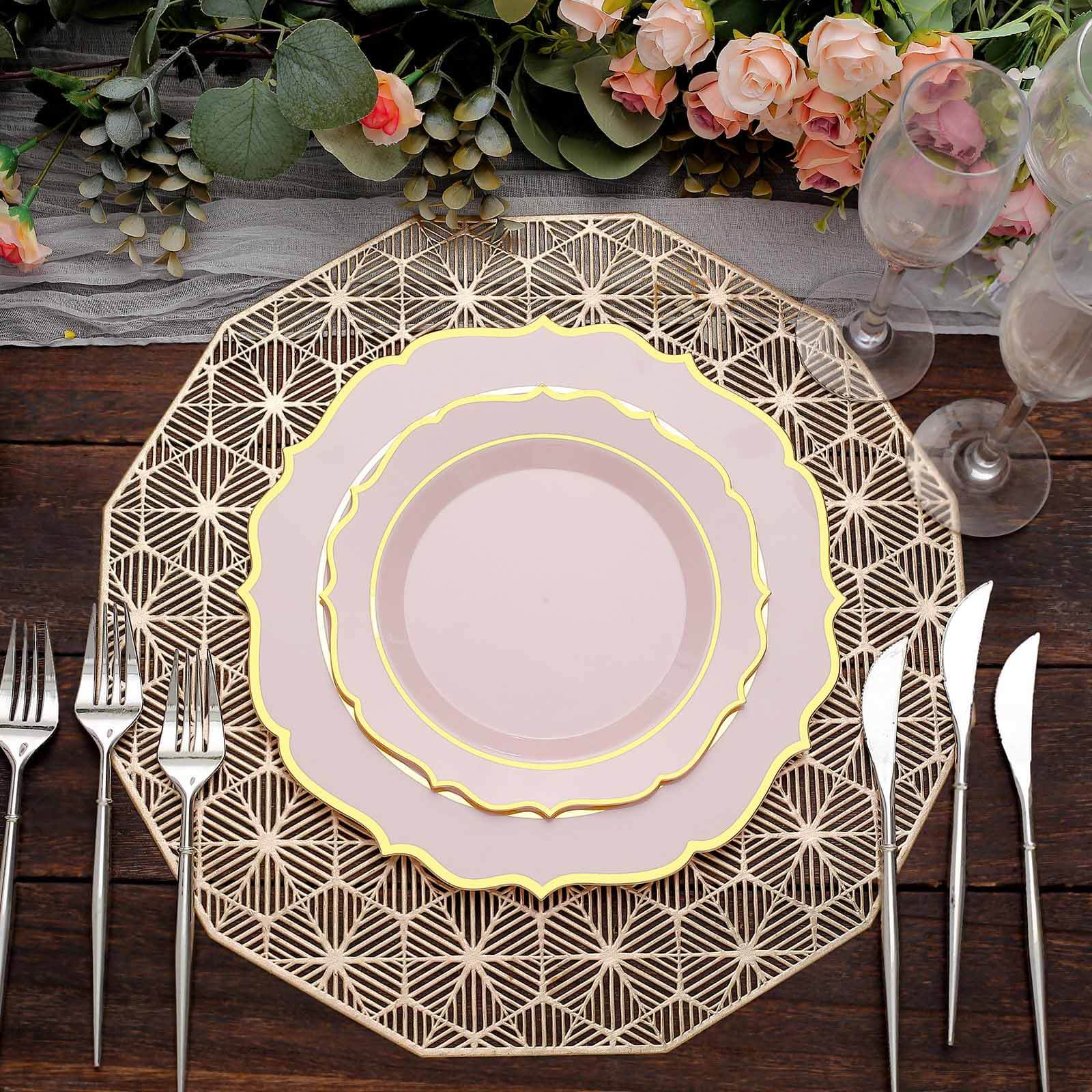 10-Pack Plastic 8 Round Desert Plates in Blush with Gold Scalloped Rim - Disposable Appetizer/Salad Plates