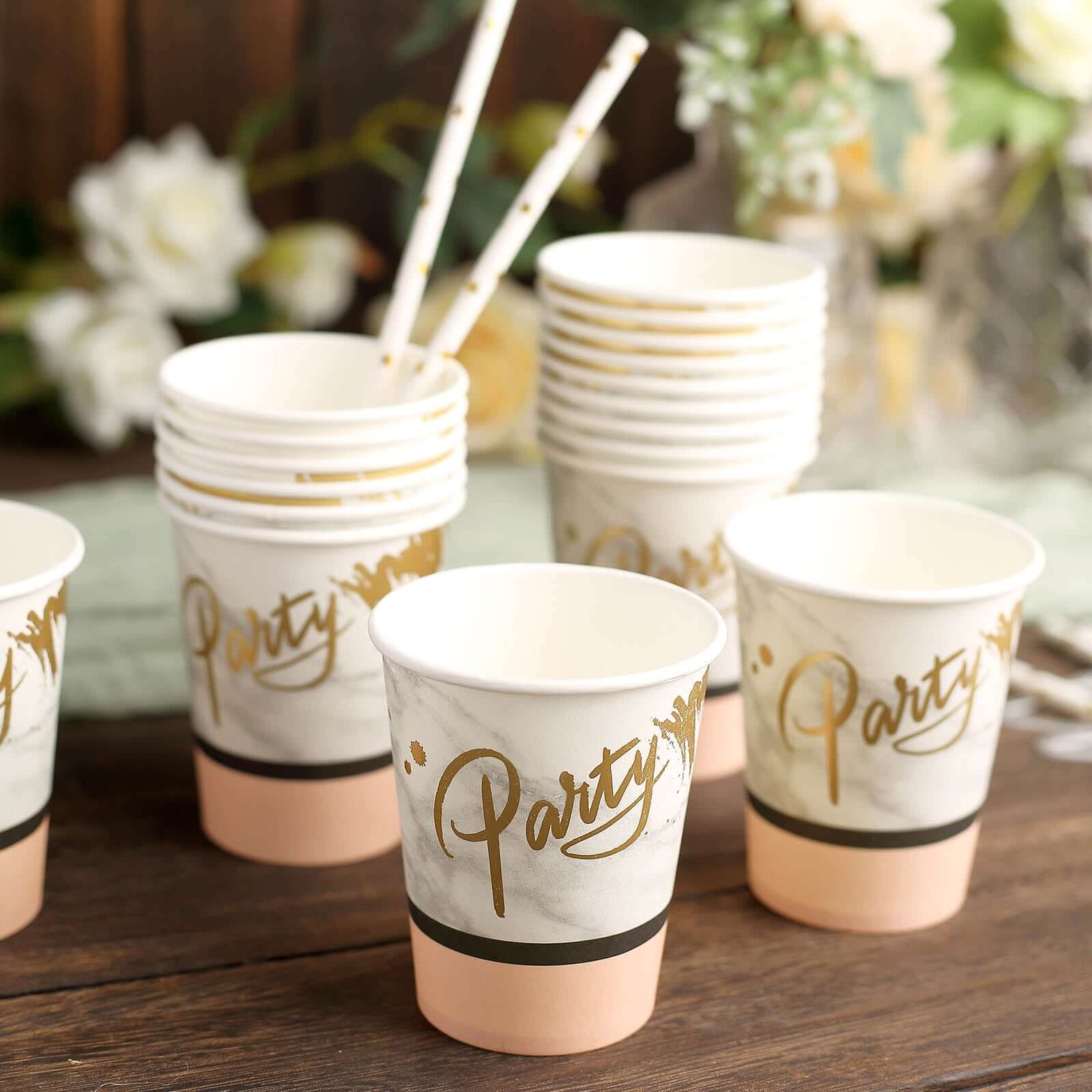 24-Pack Paper Cups in Blush with Marble Top - Stylish Disposable Party Cups for Hot & Cold Beverages 9oz