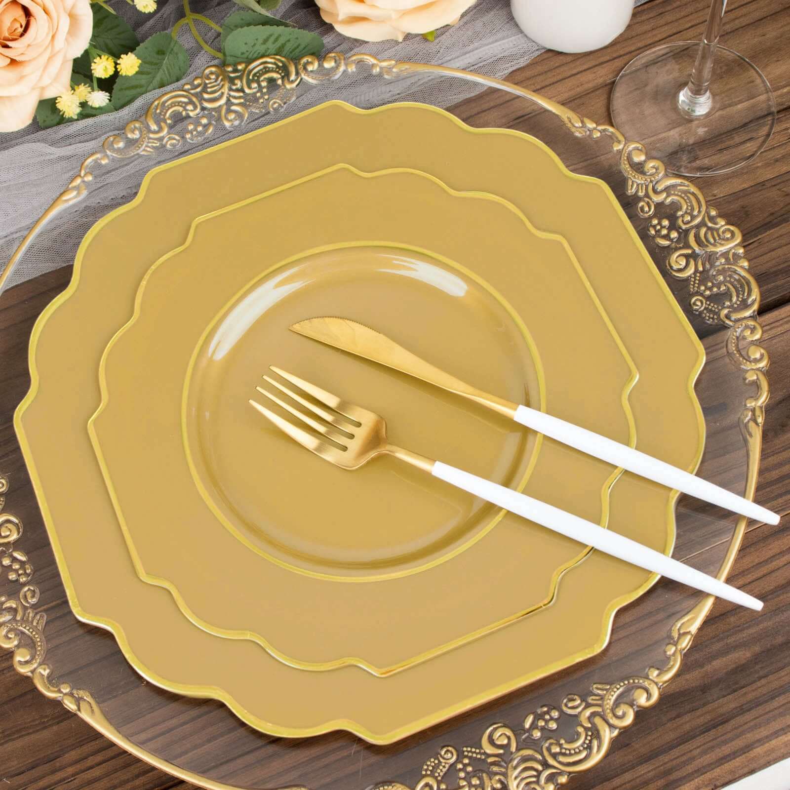 10-Pack Plastic Dessert Appetizer Plates in Gold Baroque Design with Scalloped Gold Rim - Heavy Duty Disposable Salad Plates 8