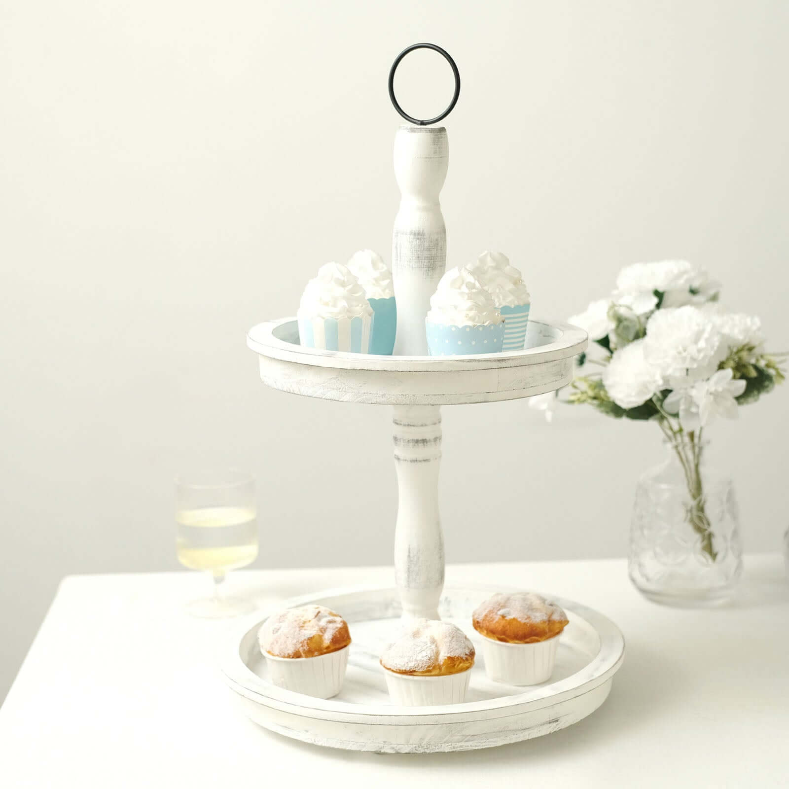 2-Tier Wooden Serving Tray Stand Rustic Whitewashed Design - Farmhouse Style Cupcake Display 20