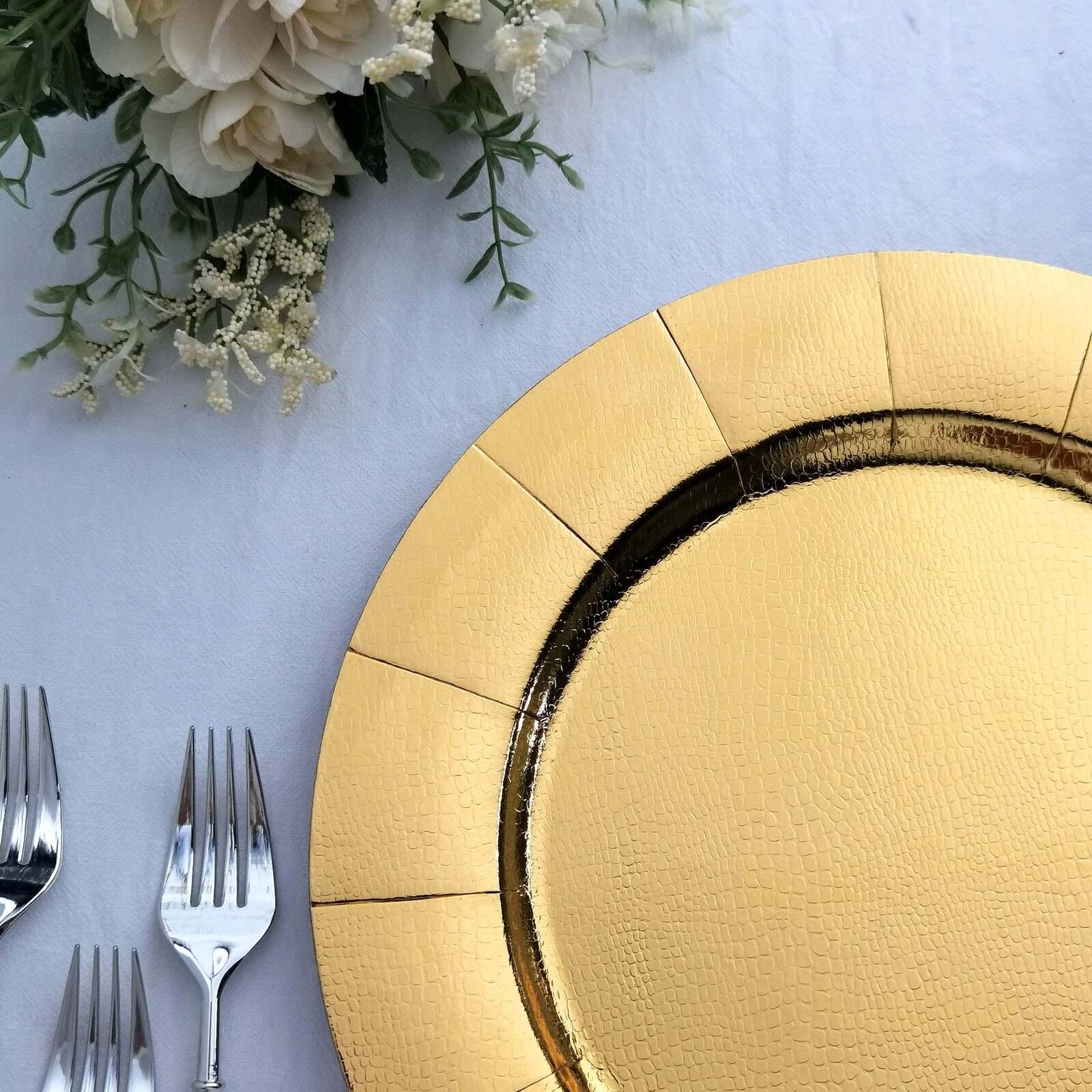 10-Pack Disposable Round Charger Plates in Gold with Leathery Texture - Durable 1100GSM Cardboard Placemats 13