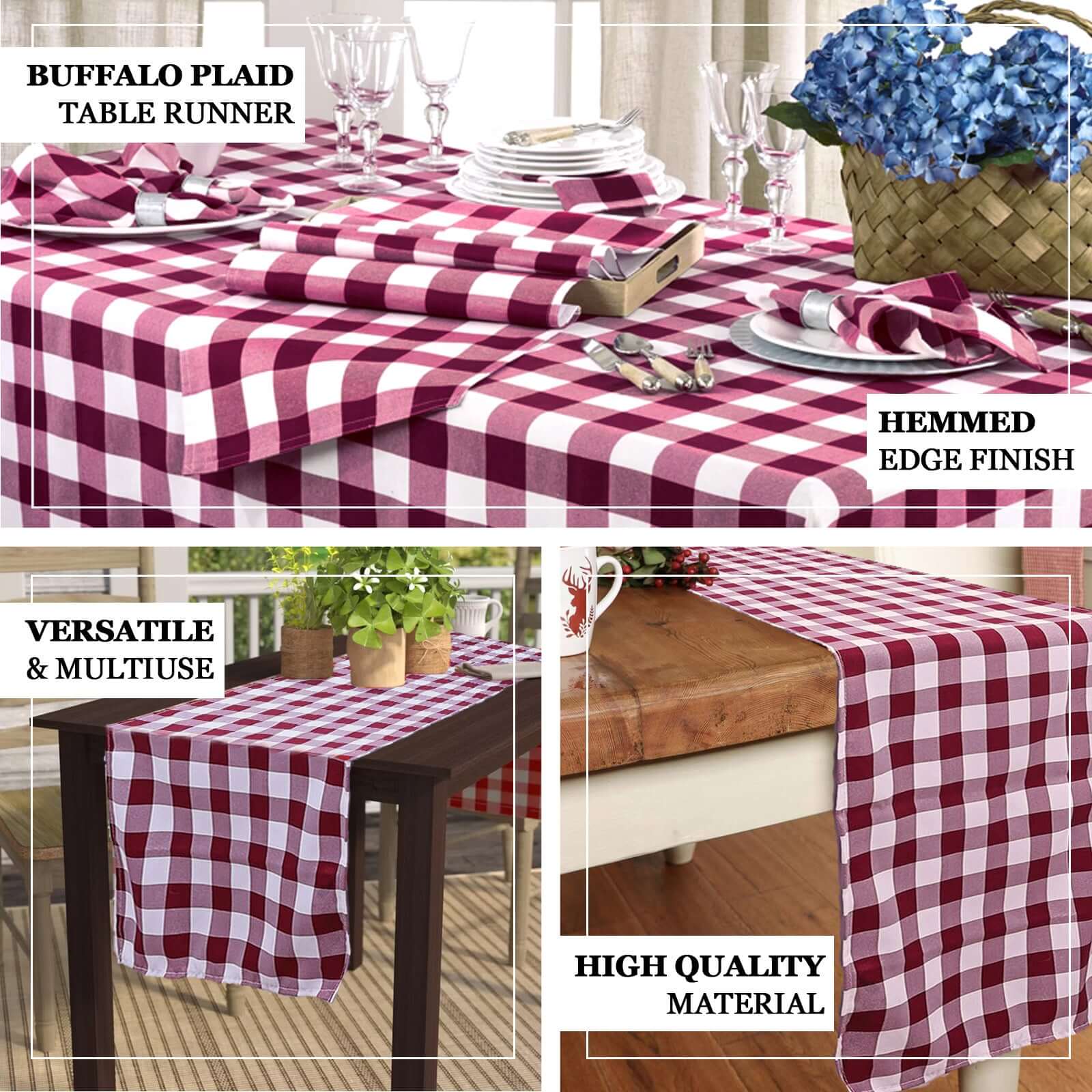 Polyester 14x108 Table Runner Burgundy/White - Gingham Plaid Design