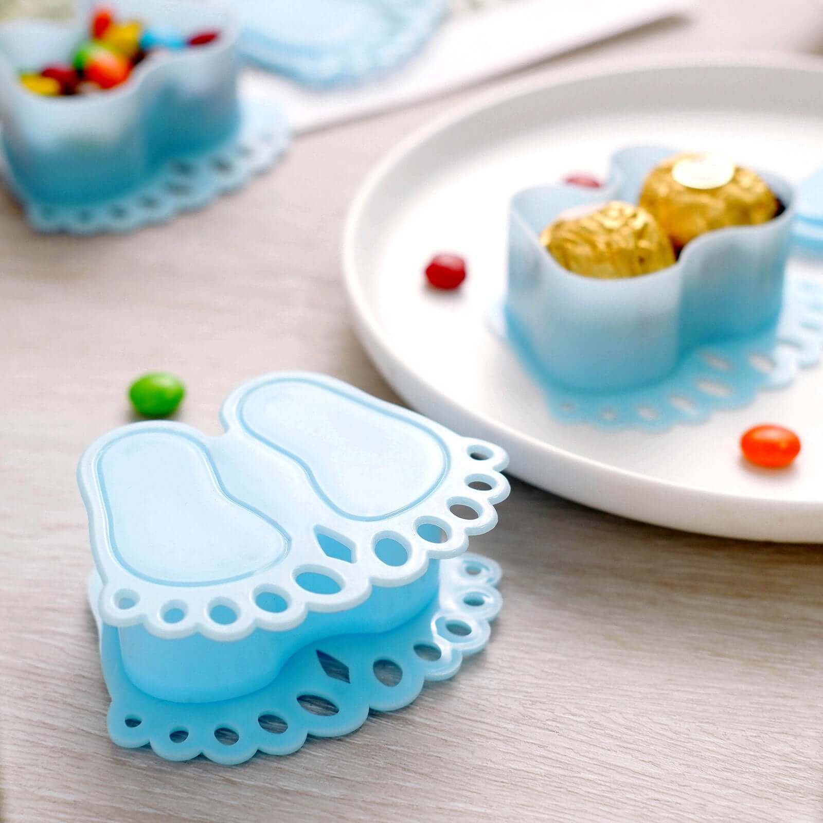 12-Pack Fillable Mini Candy Container in Baby Feet Style Clear/Light Blue - Unique Candy Treat Favor Boxes for Baby Shower 3.5