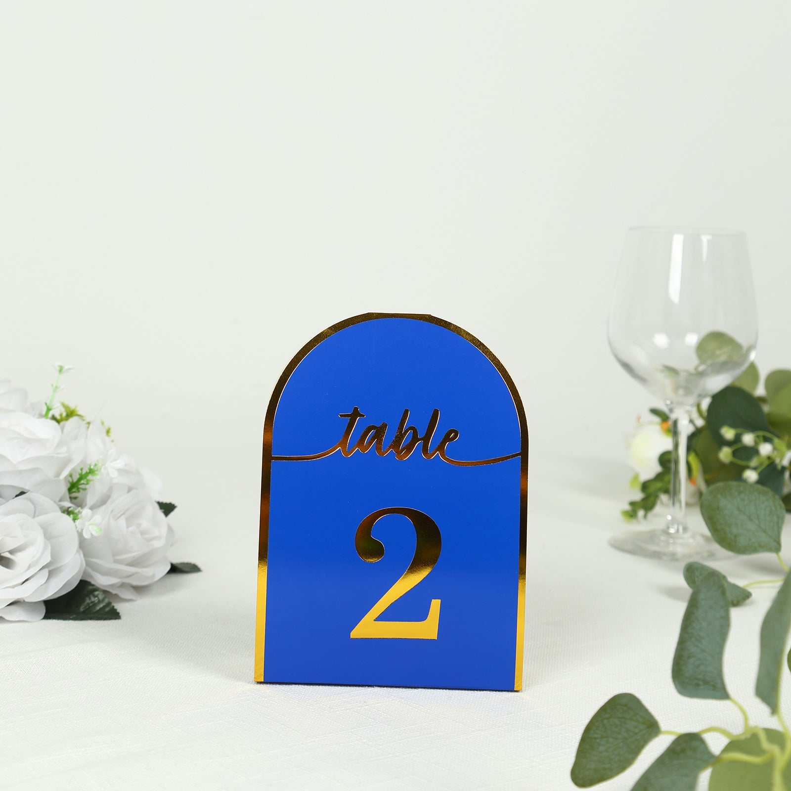 25-Pack Paper Wedding Table Numbers 1-25 Royal Blue Arch Cutout Design - Sleek & Modern Free Standing Double Sided Table Tent Cards with Metallic Gold Foil Numbers 7