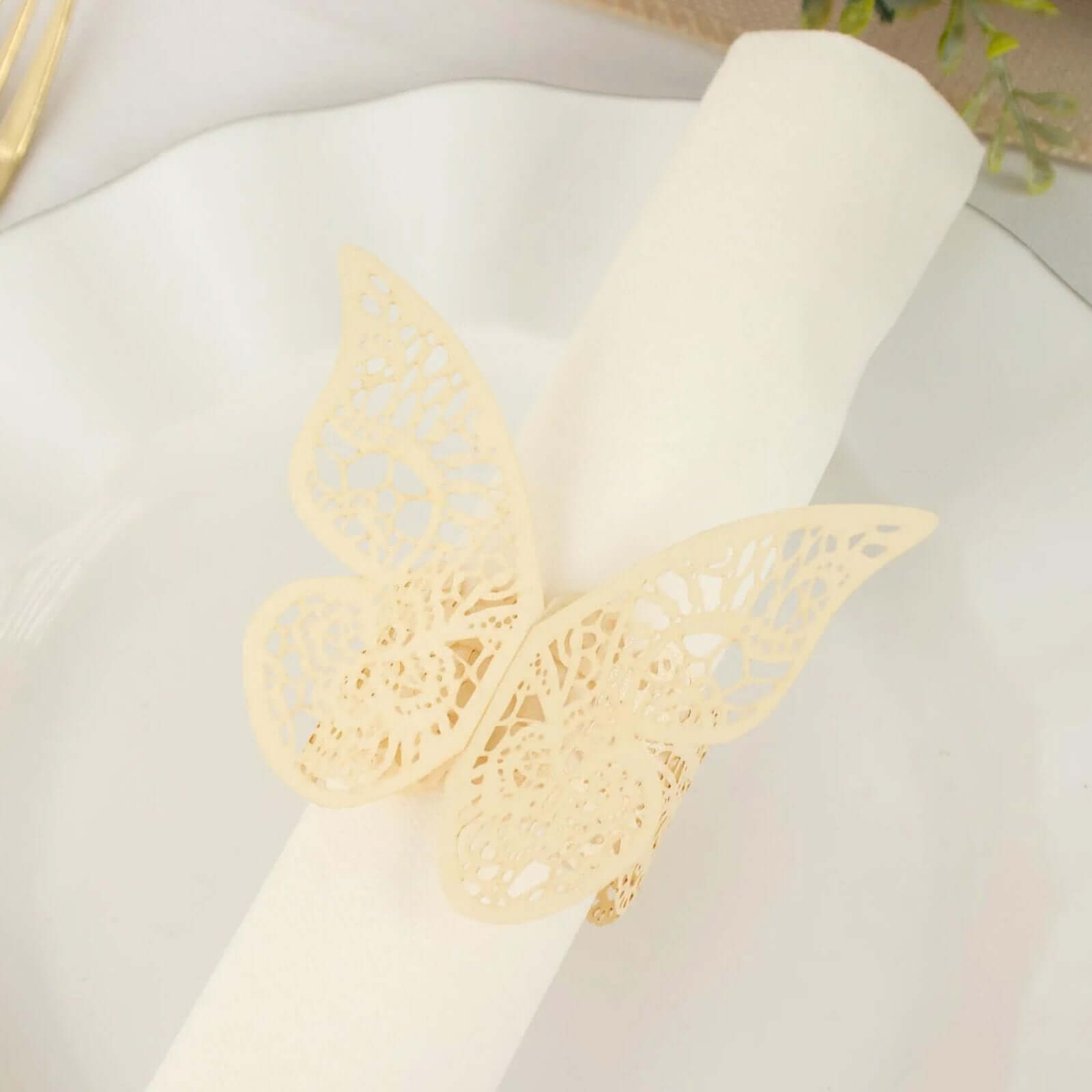 12-Pack Paper Napkin Rings Laser Cut Butterfly Ivory Shimmery - Decorative Serviette Holders