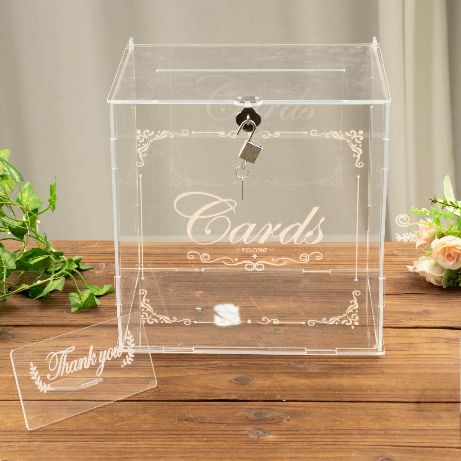 Clear Acrylic Wedding Card Box With Lock, Key & Thank You Sign Stand, Reception Party Money Gift Card Box