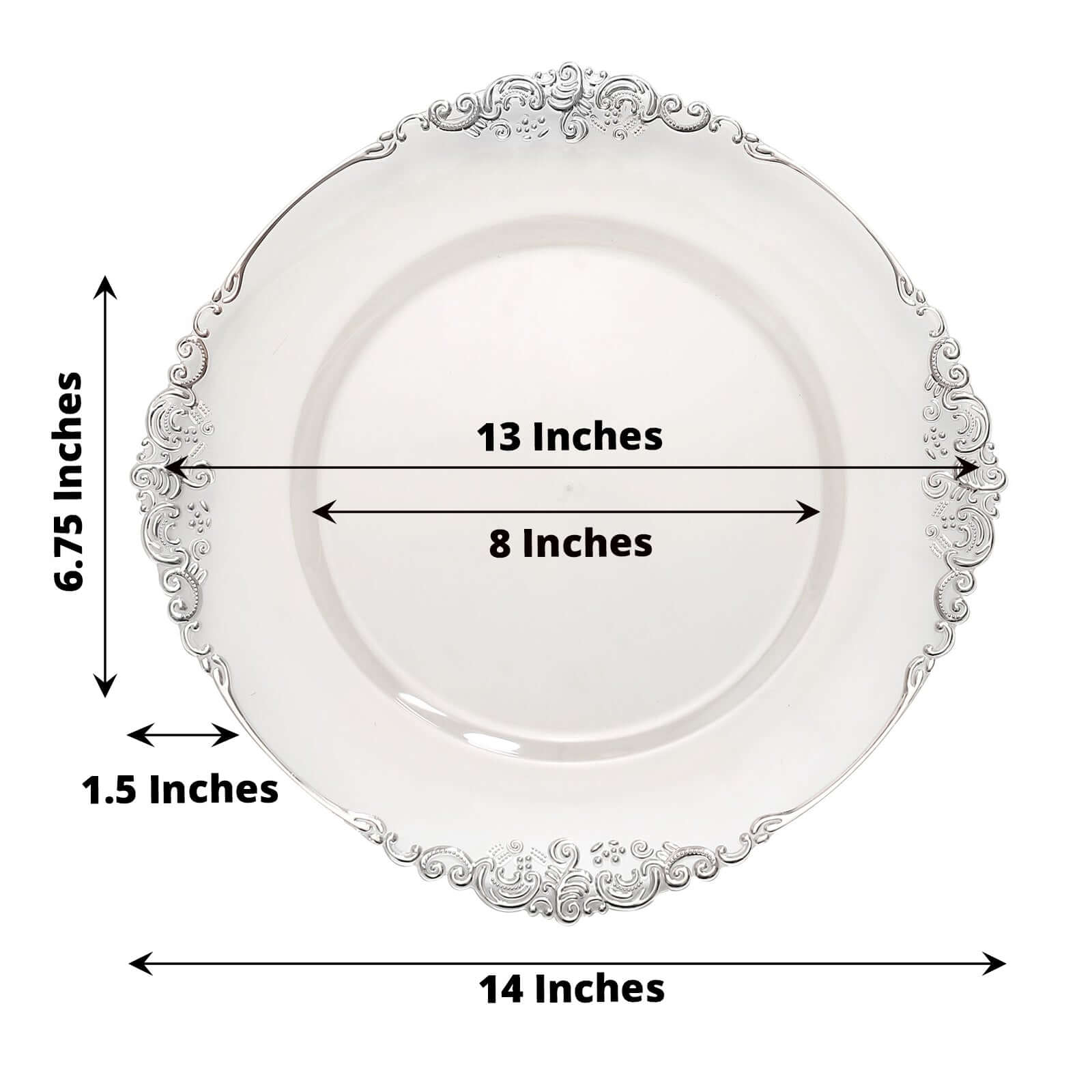 6-Pack Acrylic Round Charger Plates 13 in Clear with Silver Embossed Baroque Rim, Antique Decorative Dinner Party Charger Tableware