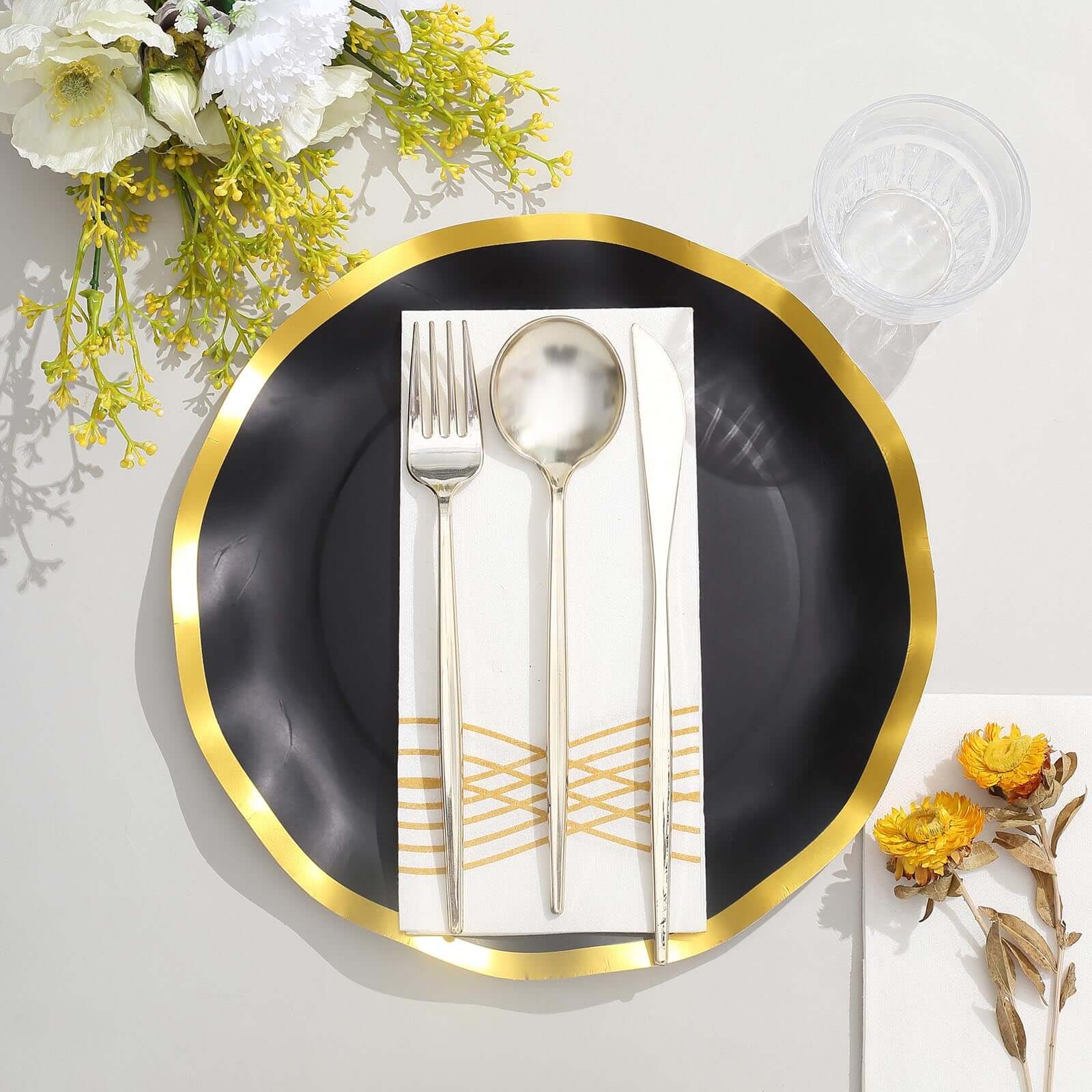 25-Pack Paper Round Dinner Plates 10 Matte Black with Gold Wavy Rim - Disposable 350GSM Party Plates