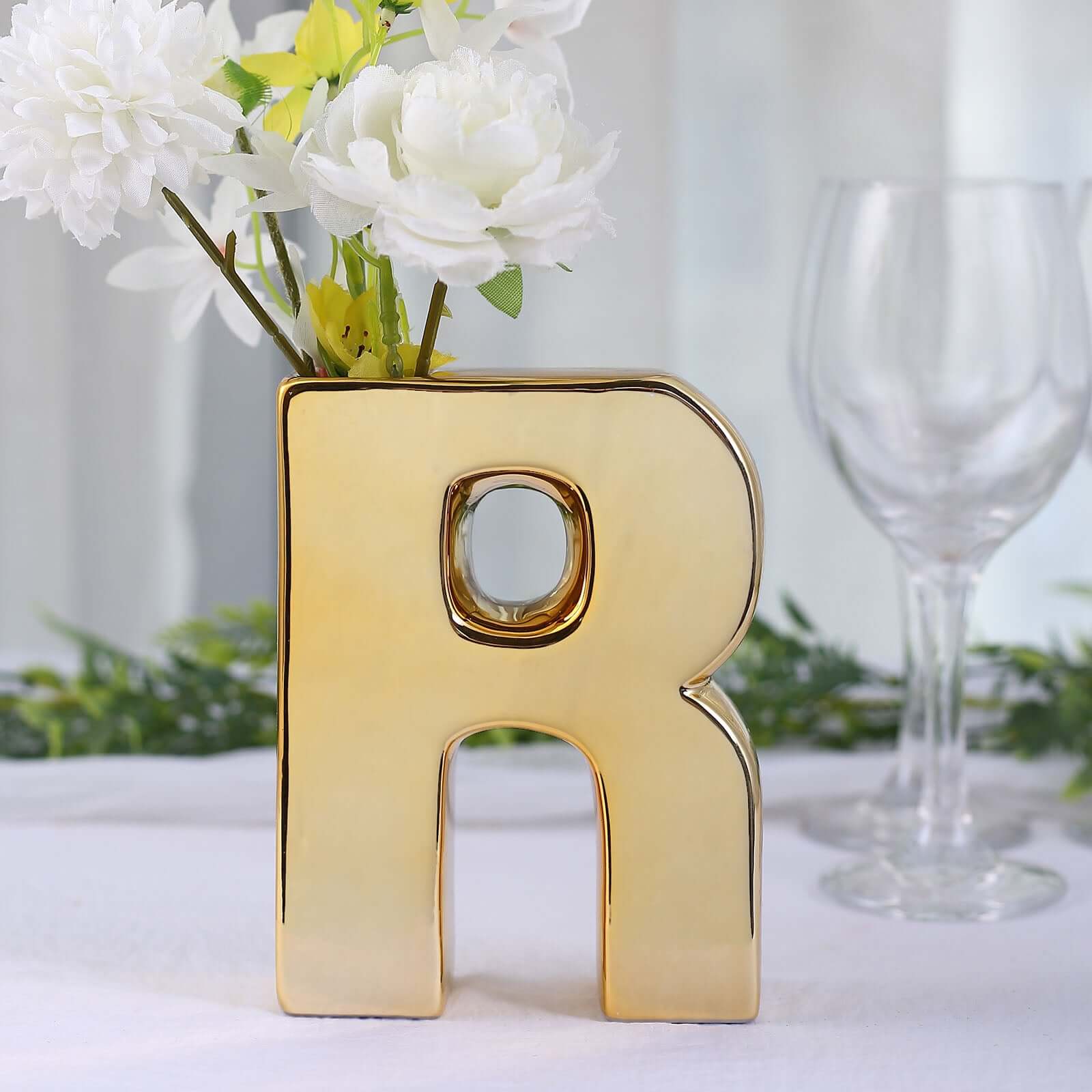 Shiny Ceramic Vase Letter R Gold Plated - Chic Bud Planter Pot for Events & Decor 6